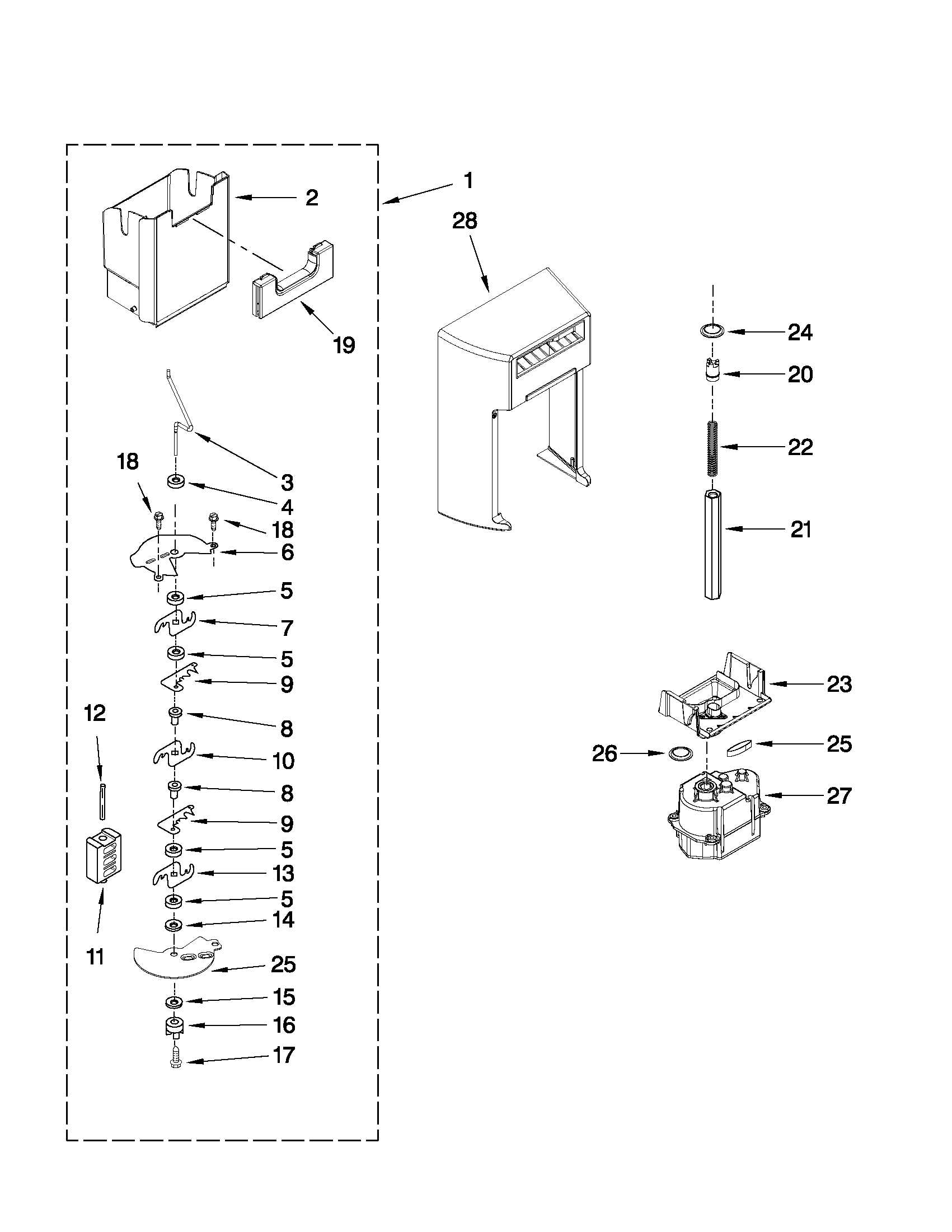 Whirlpool 6WSC20C6XW02 motor and ice container parts diagram