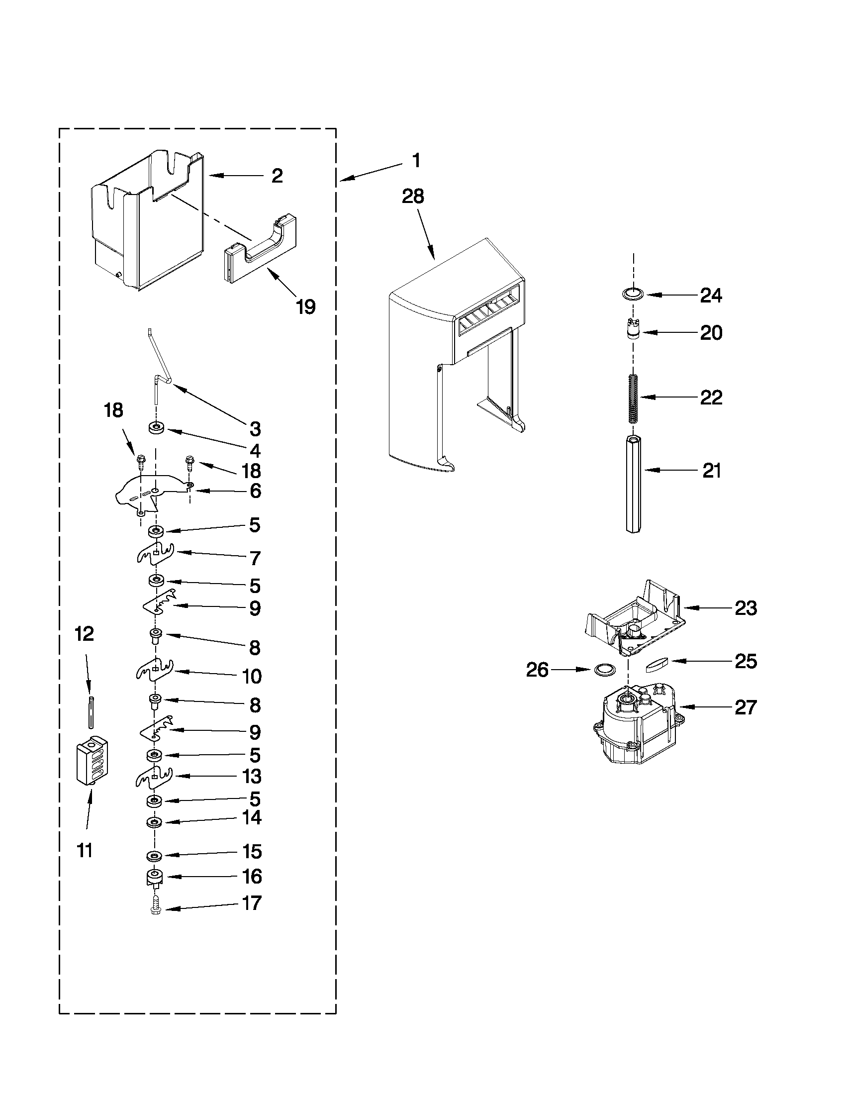 Whirlpool BRS80ARANA00 motor and ice container parts diagram