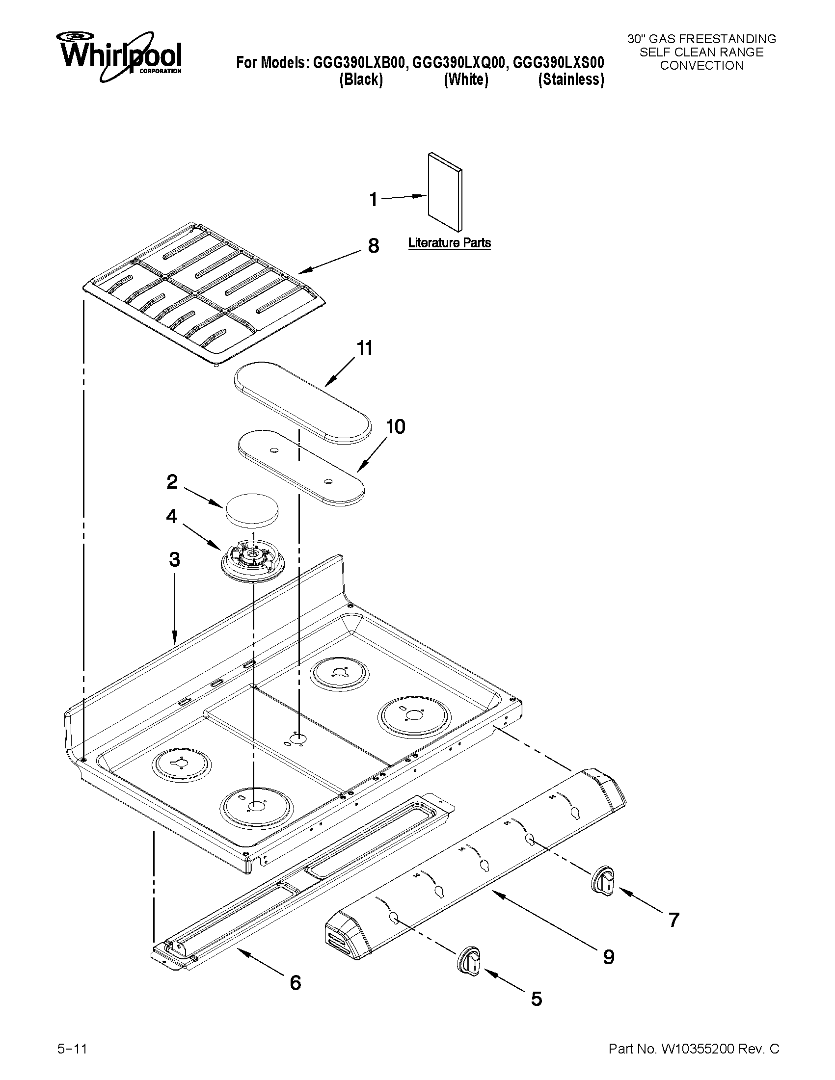 Whirlpool GGG390LXQ00 cooktop parts diagram