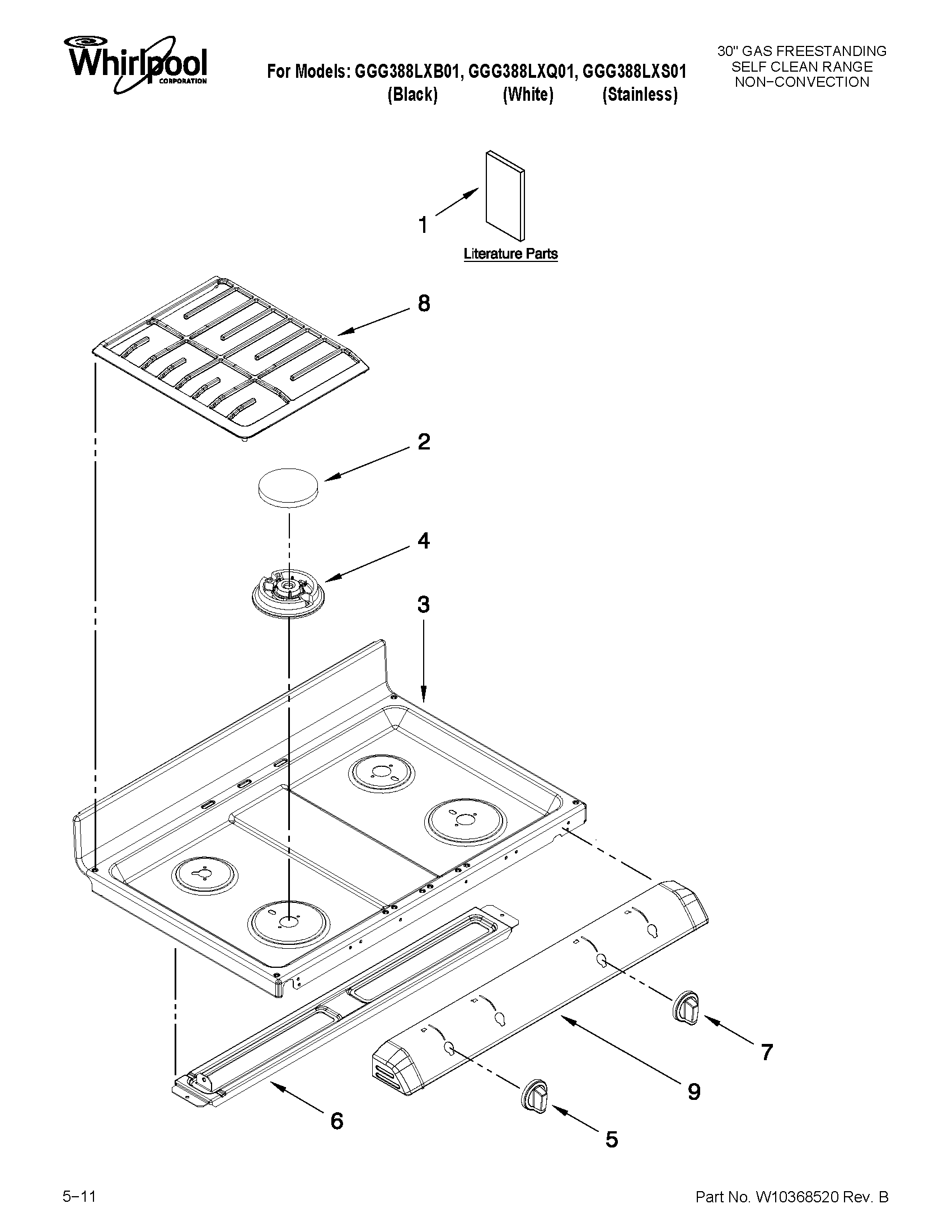 Whirlpool GGG388LXQ01 cooktop parts diagram