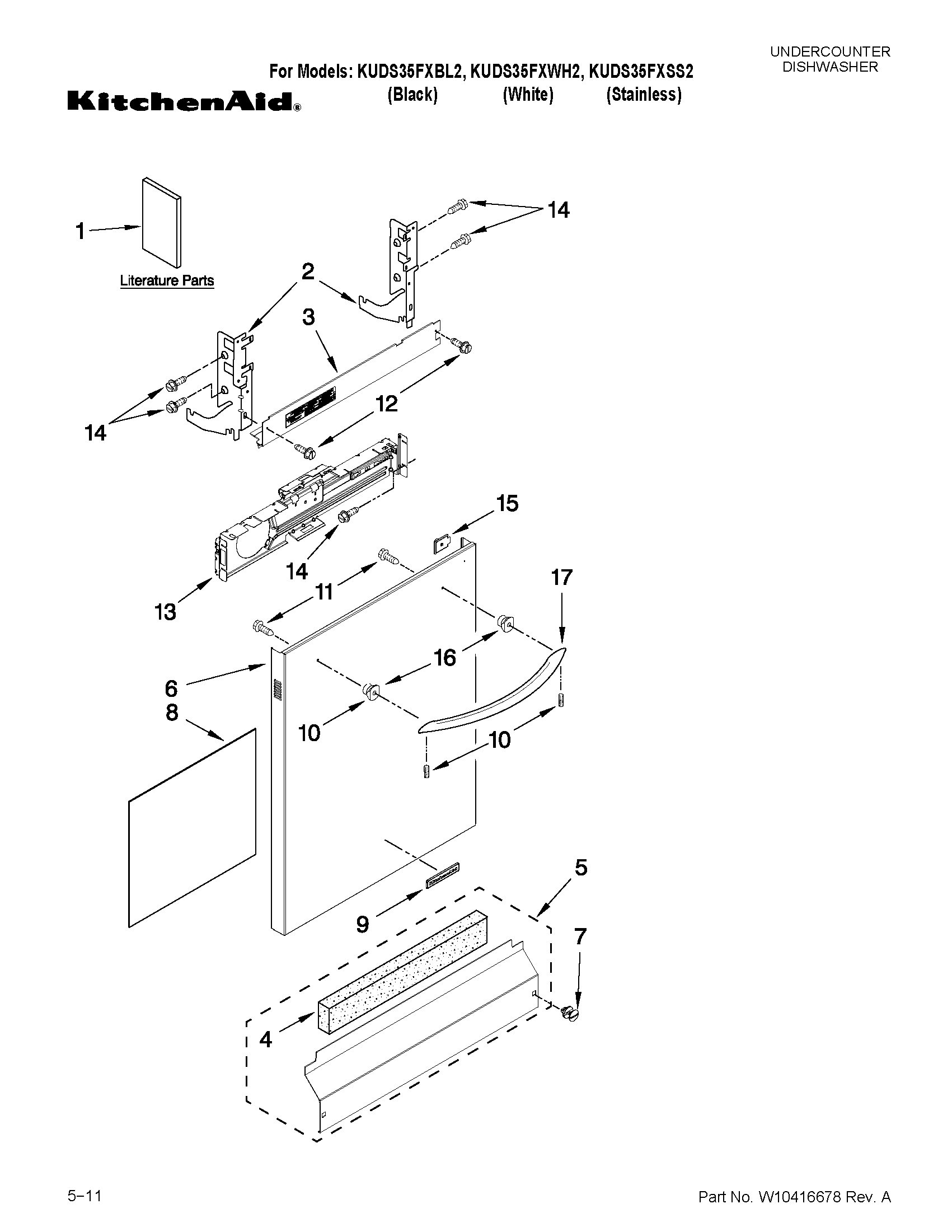 KitchenAid KUDS35FXWH2 door and panel parts diagram