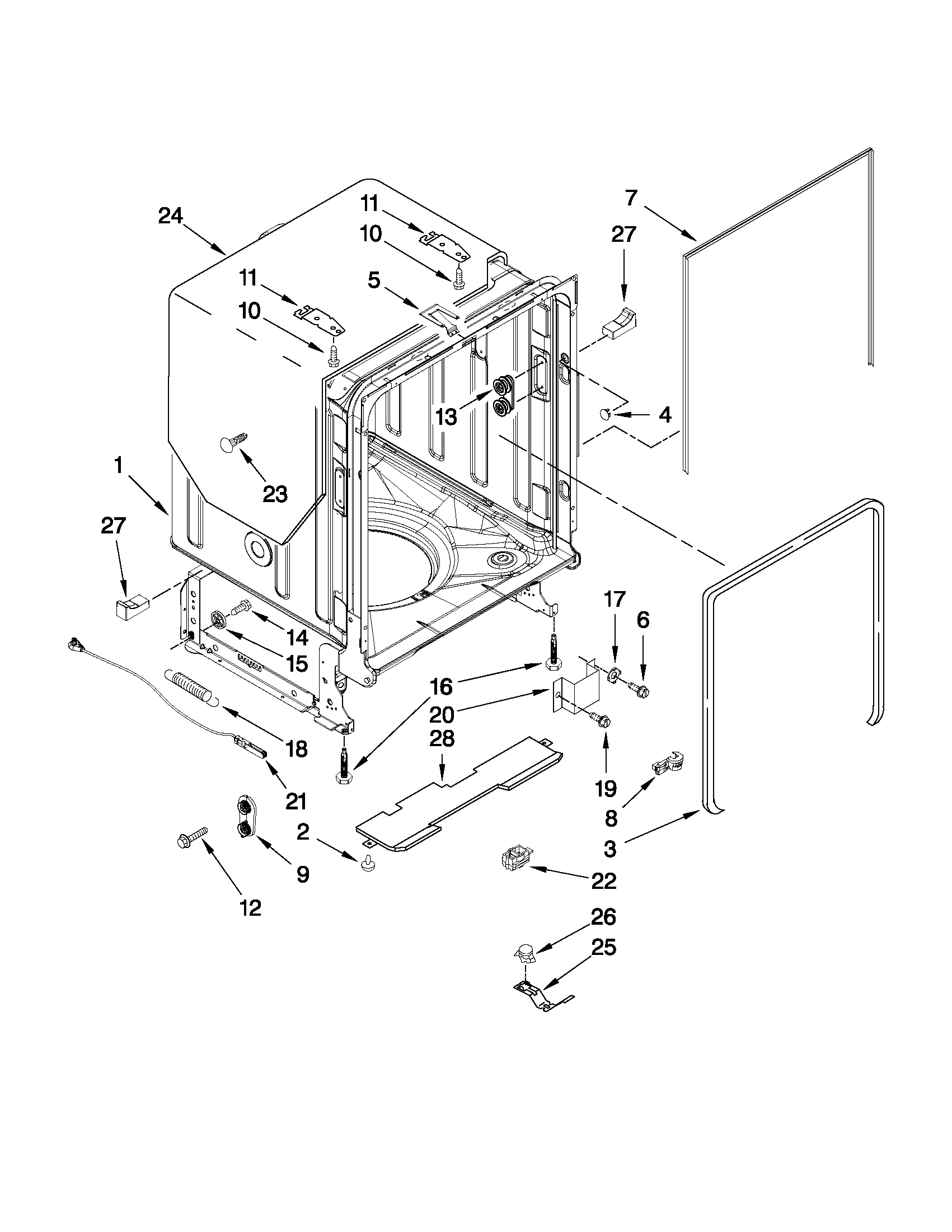 KitchenAid KUDE40FXPA2 tub and frame parts diagram