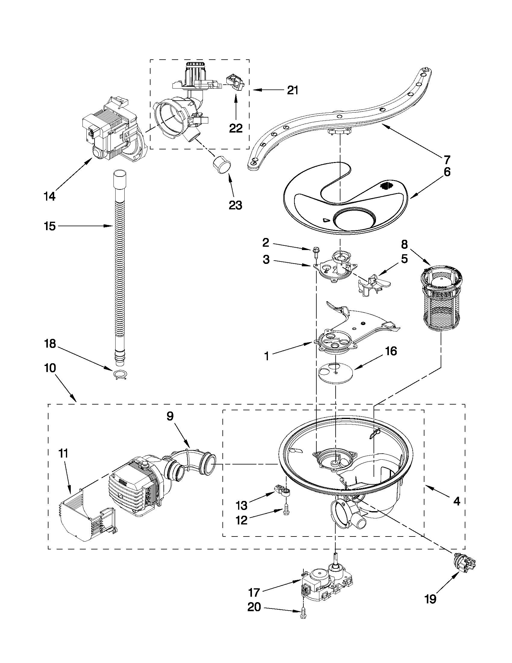 KitchenAid KUDE40FXPA2 pump, washarm and motor parts diagram