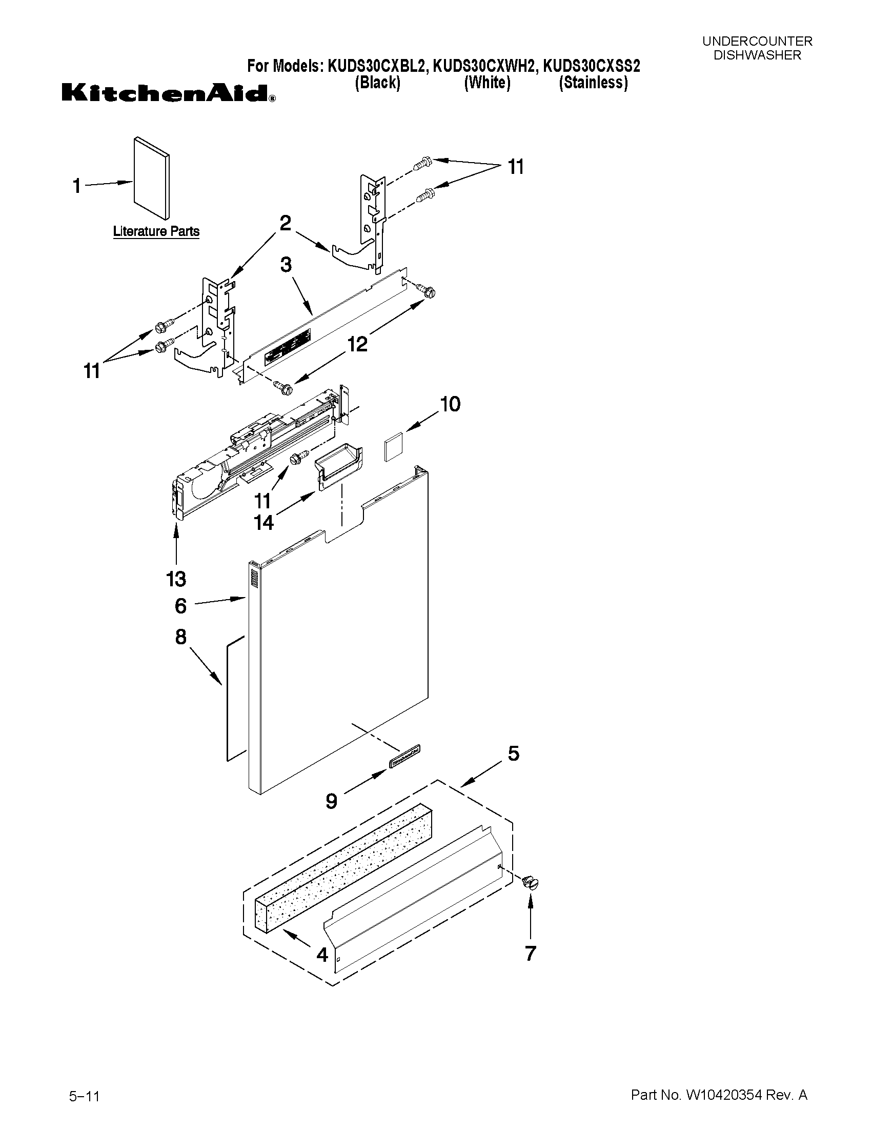 KitchenAid KUDS30CXWH2 door and panel parts diagram