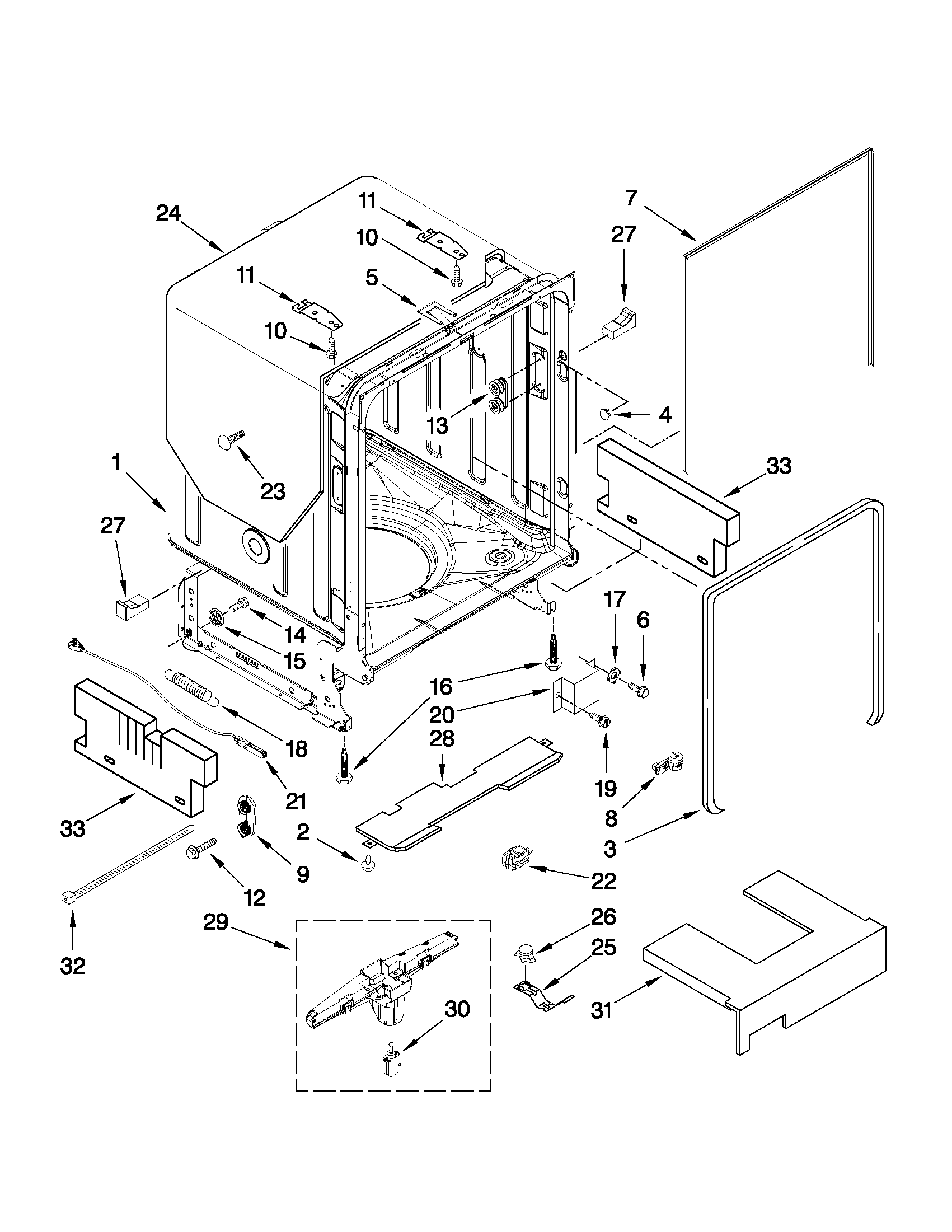 KitchenAid KUDS30CXWH2 tub and frame parts diagram