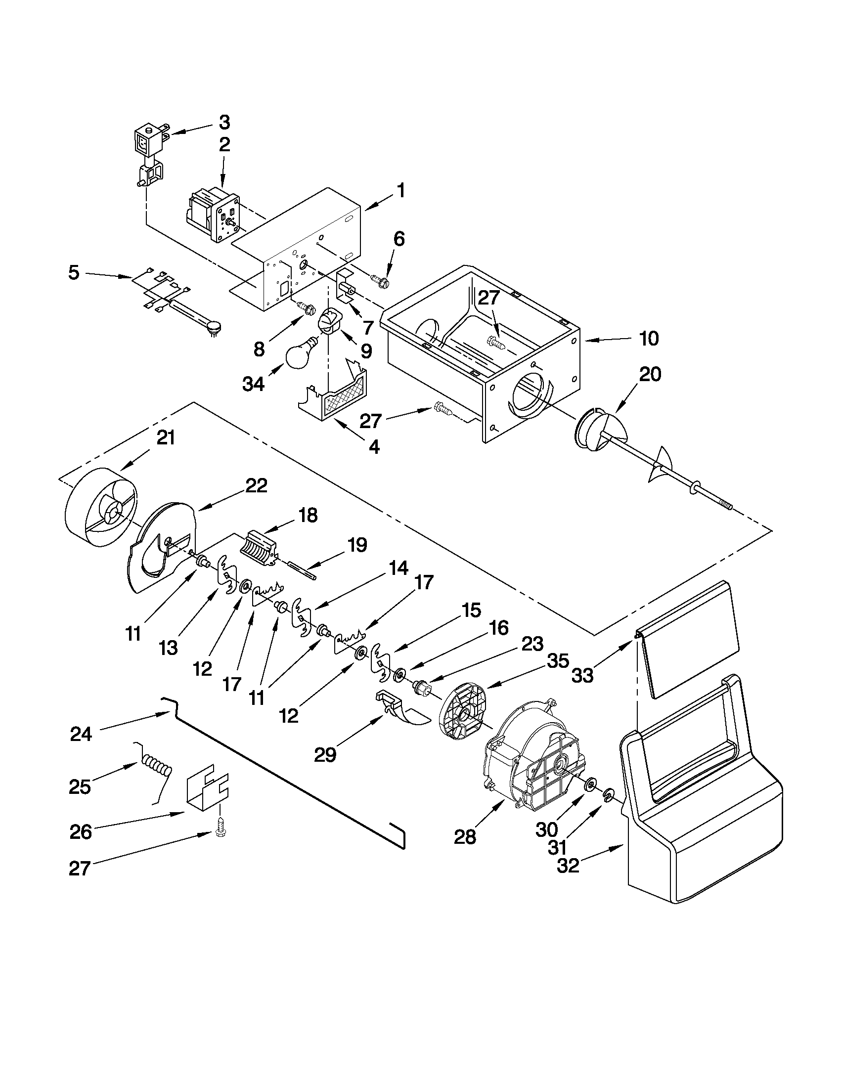 Maytag MSD2574VEB11 motor and ice container parts diagram