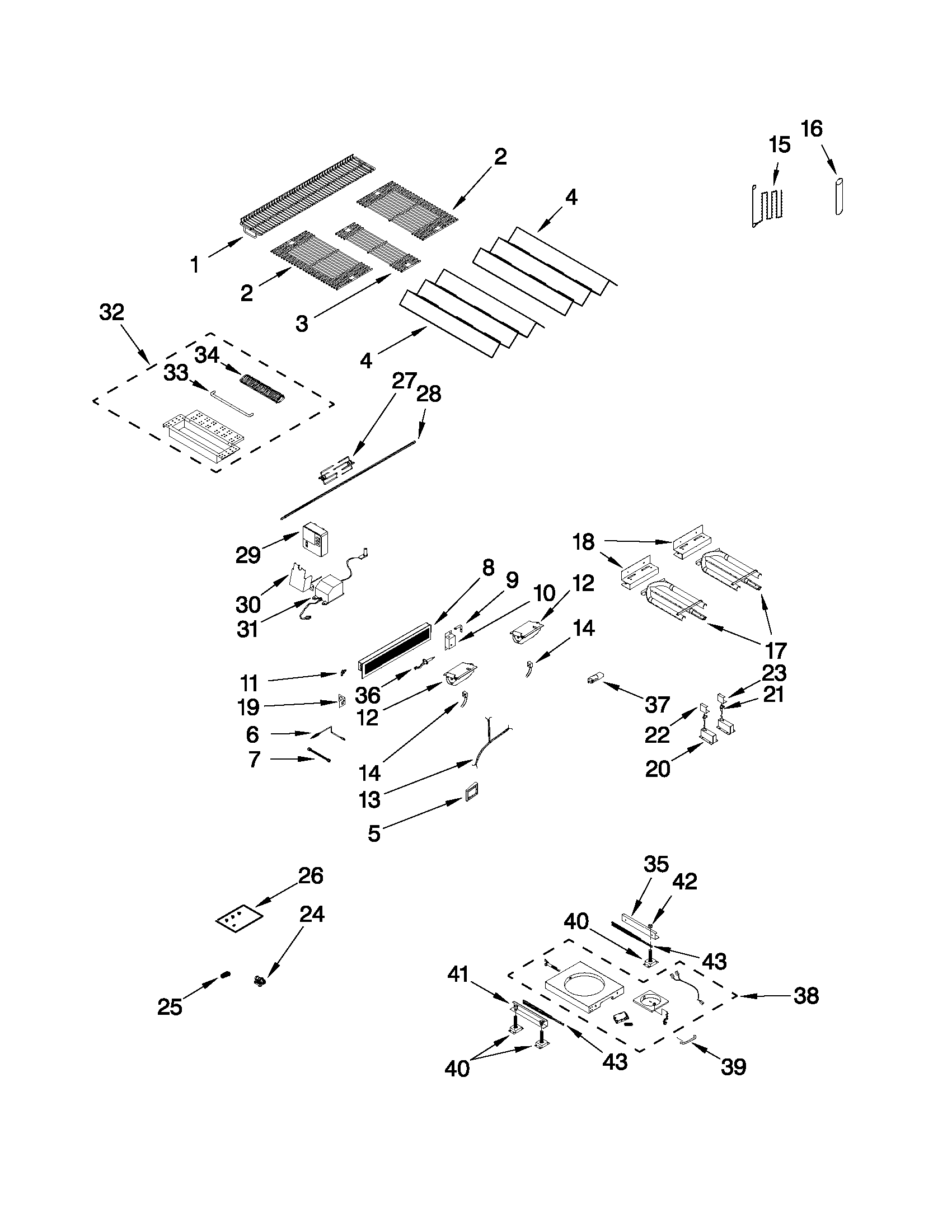 KitchenAid KBNU271VSS00 burners, grates, and lights parts diagram