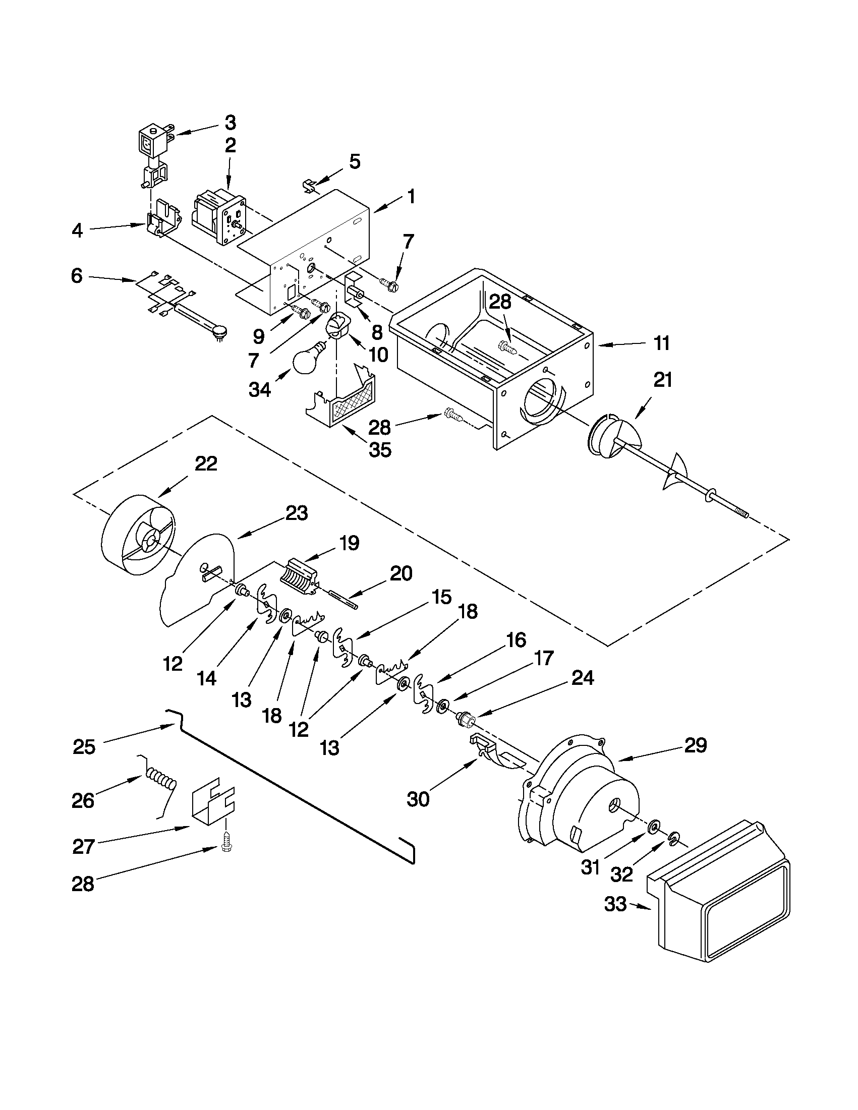 Whirlpool ED5PVEXWS01 motor and ice container parts diagram
