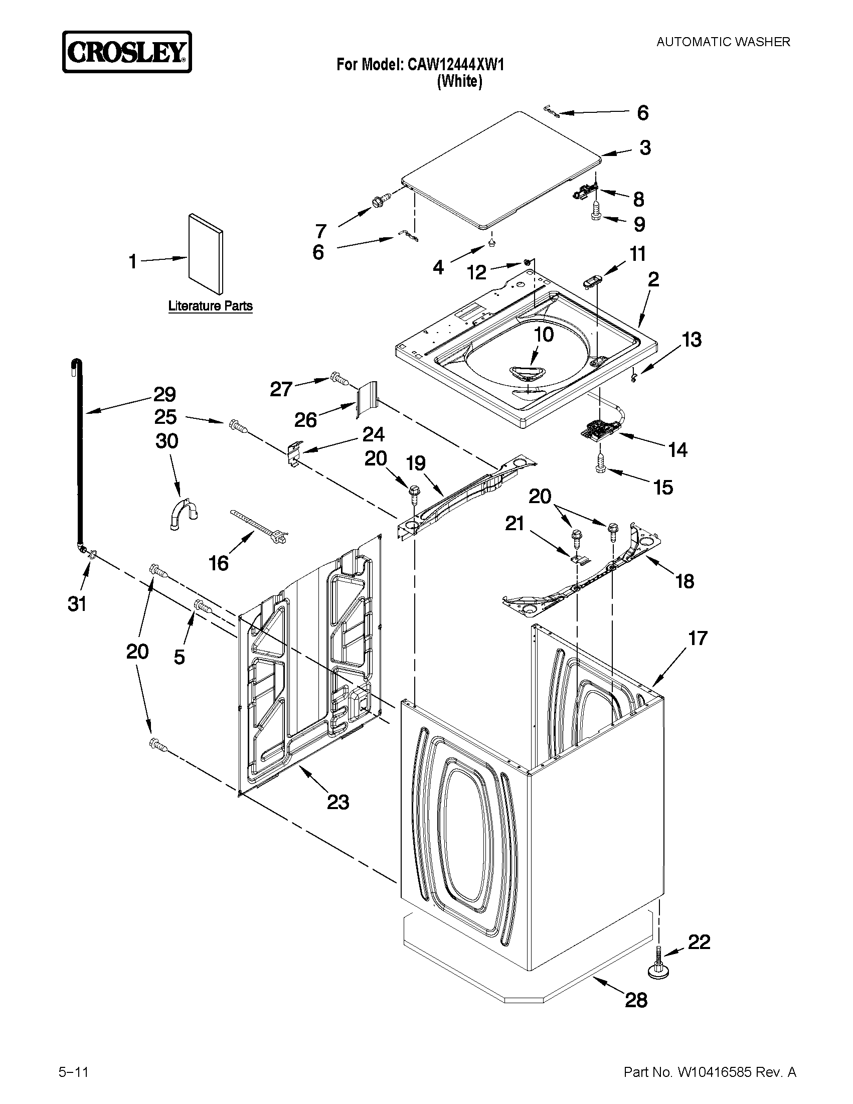 Crosley CAW12444XW1 top and cabinet parts diagram