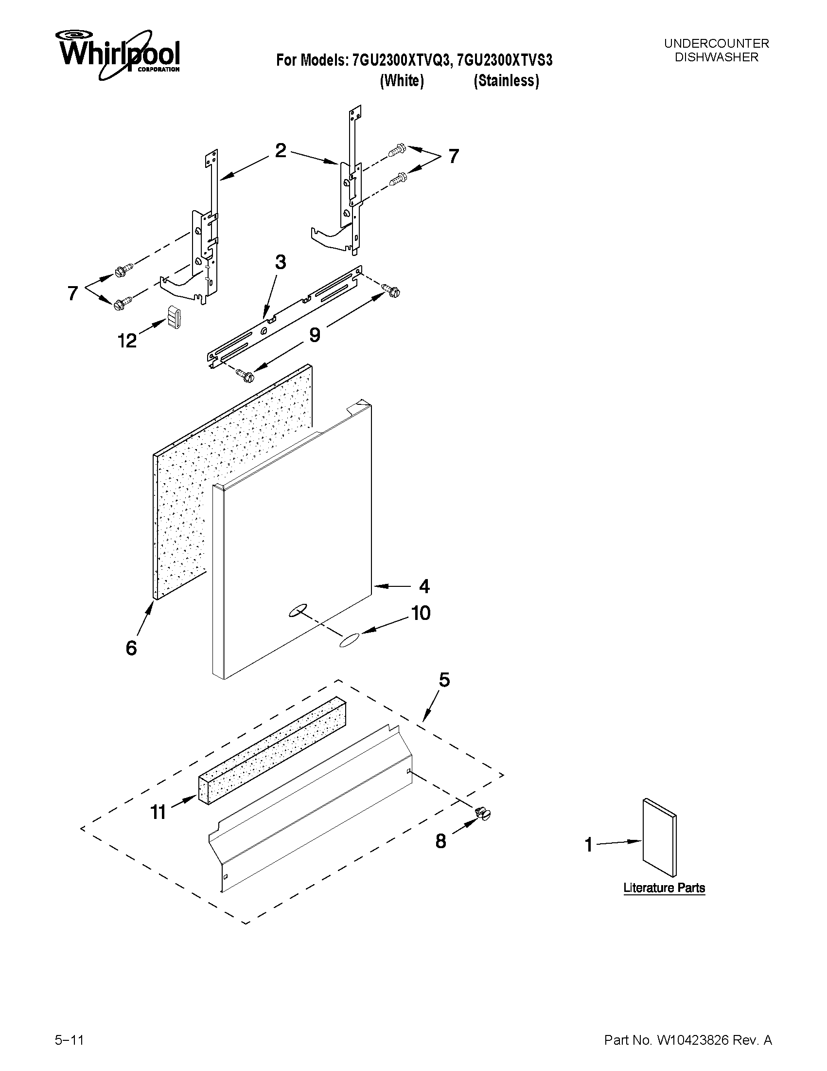 Whirlpool 7GU2300XTVQ3 door and panel parts diagram