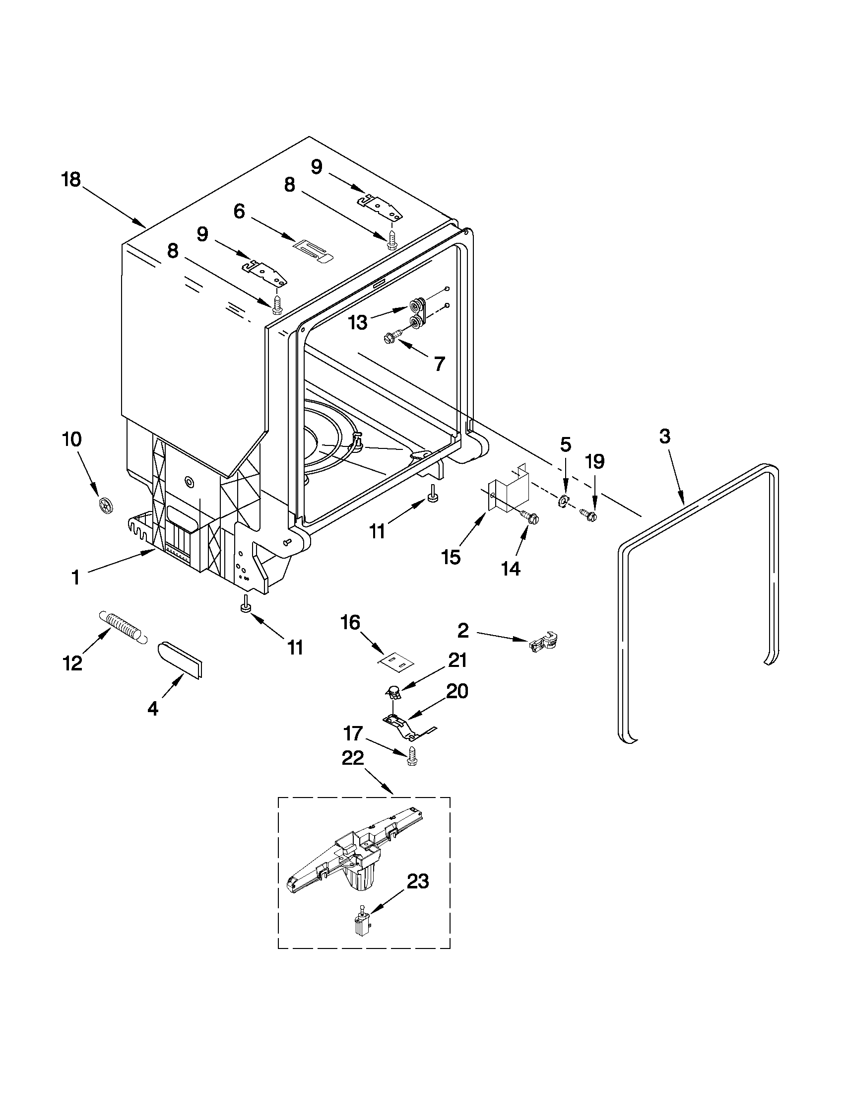 Whirlpool 7GU2300XTVQ3 tub and frame parts diagram