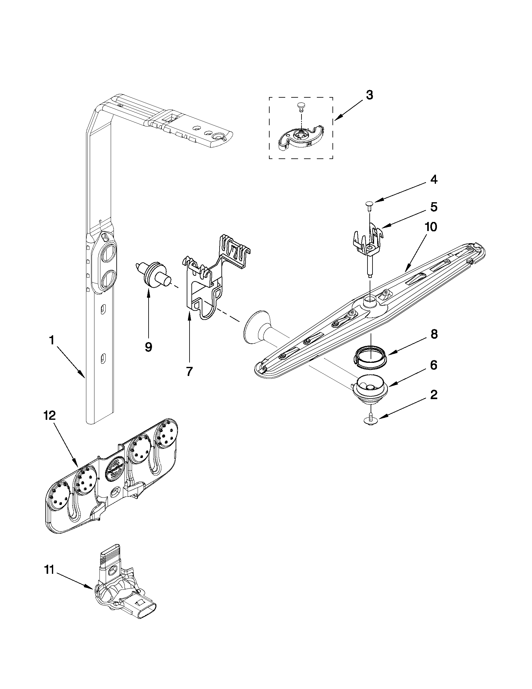 Whirlpool 7GU2300XTVQ3 upper wash and rinse parts diagram