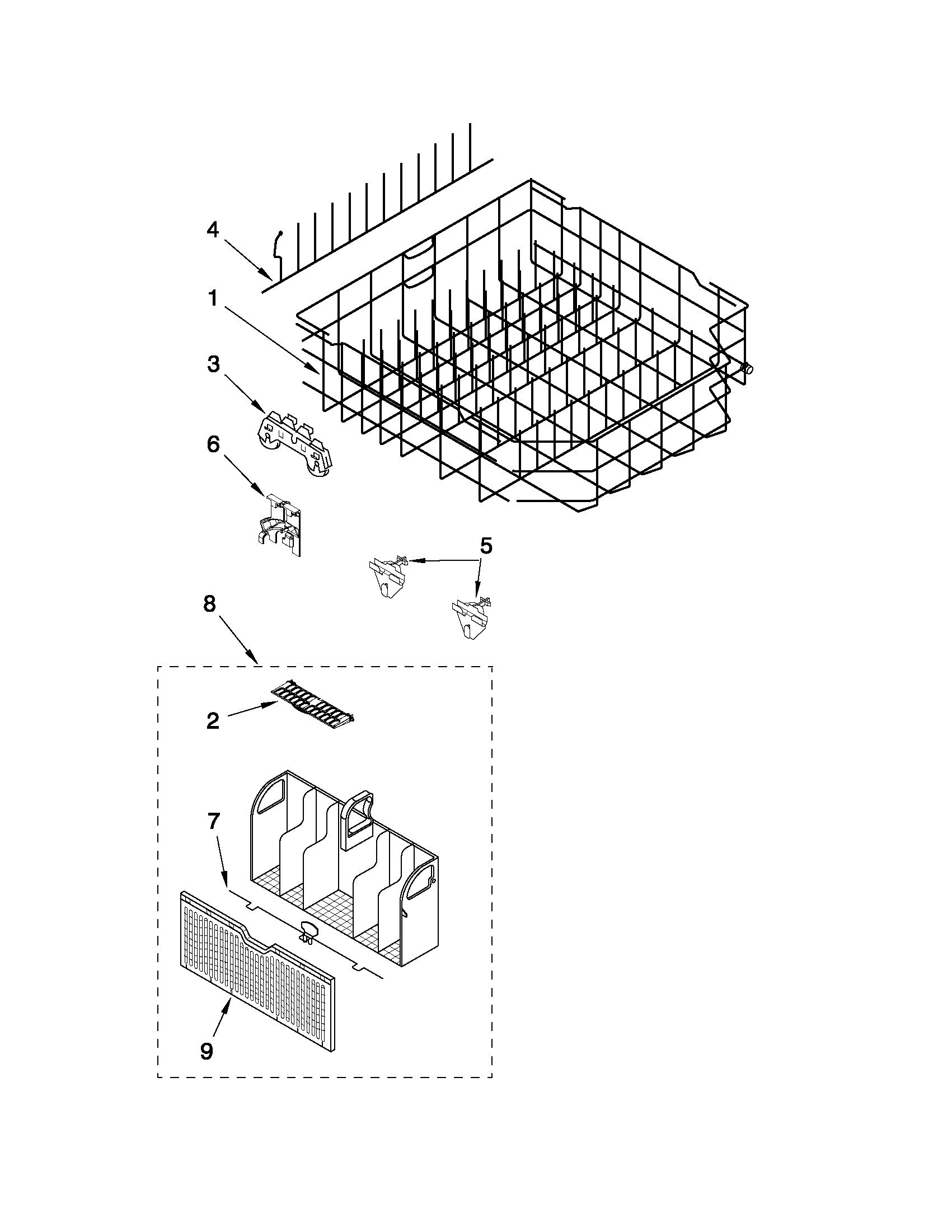 Whirlpool 7GU2300XTVQ3 lower rack parts diagram