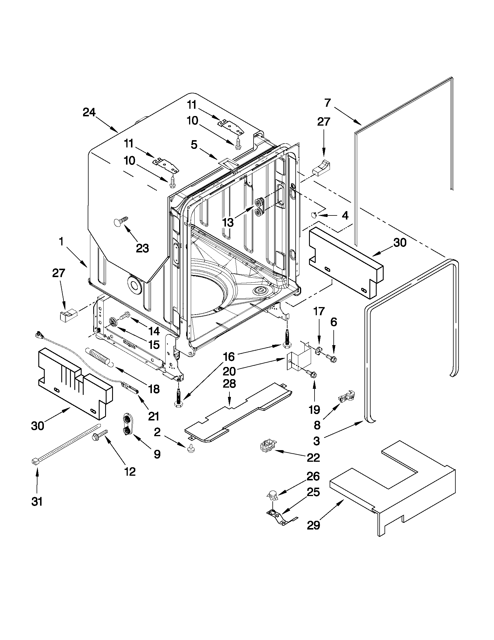 KitchenAid KUDE70FXSS2 tub and frame parts diagram