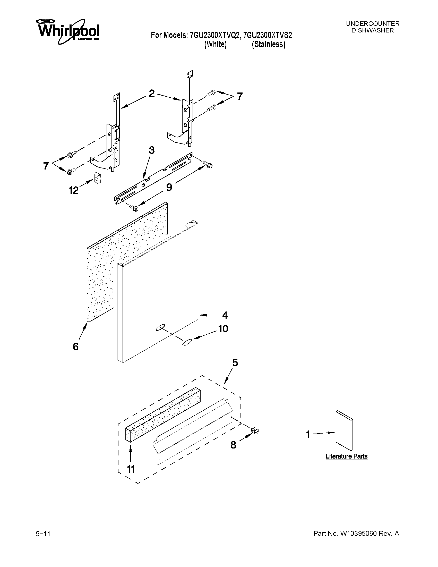 Whirlpool 7GU2300XTVS2 door and panel parts diagram