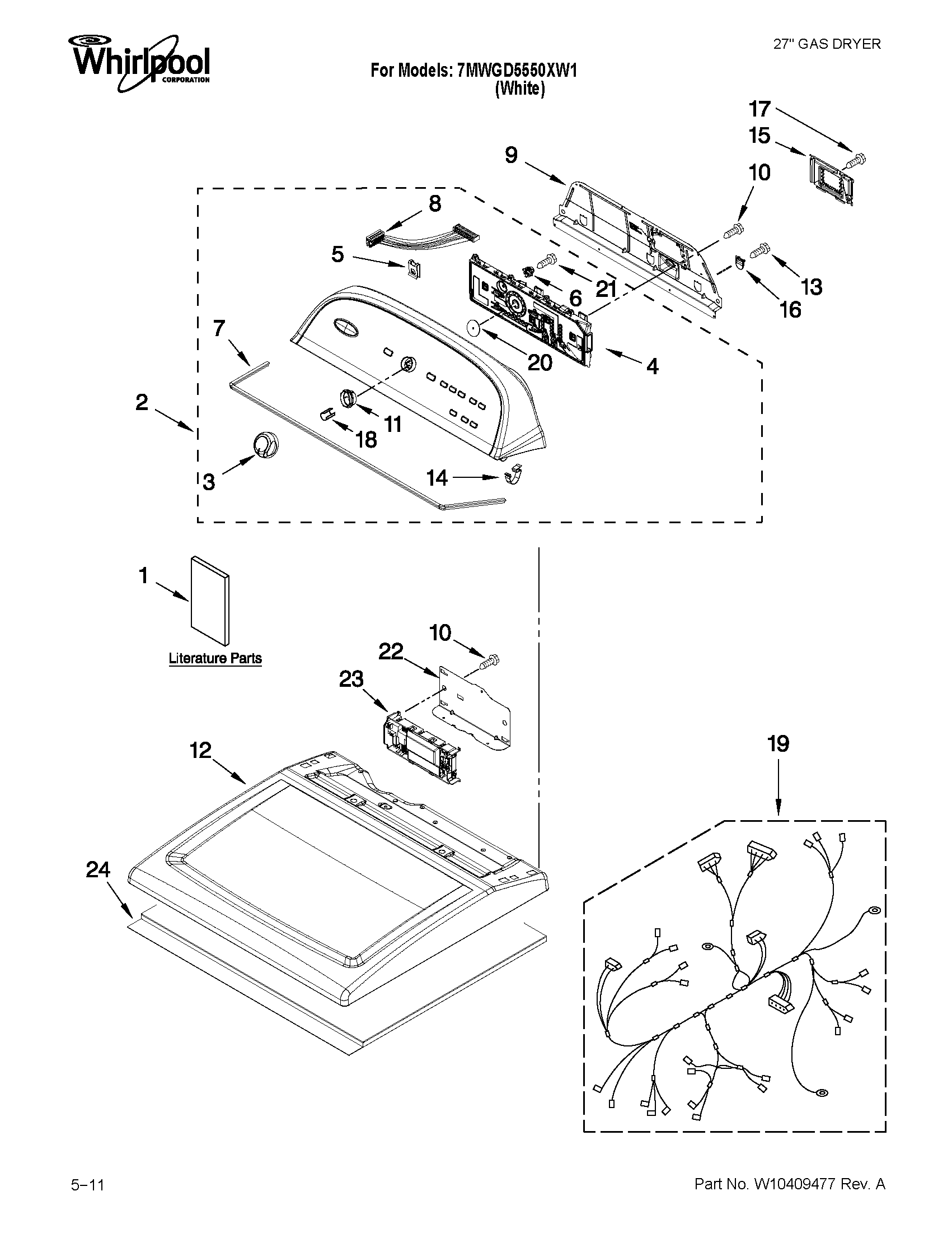 Whirlpool 7MWGD5550XW1 top and console parts diagram
