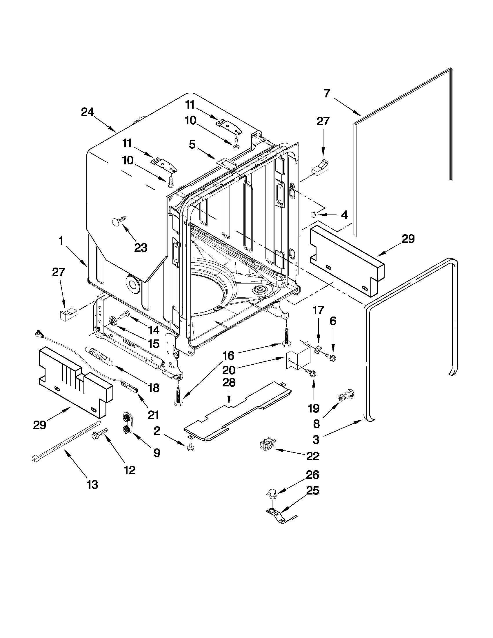 KitchenAid KUDE60FXBL2 tub and frame parts diagram