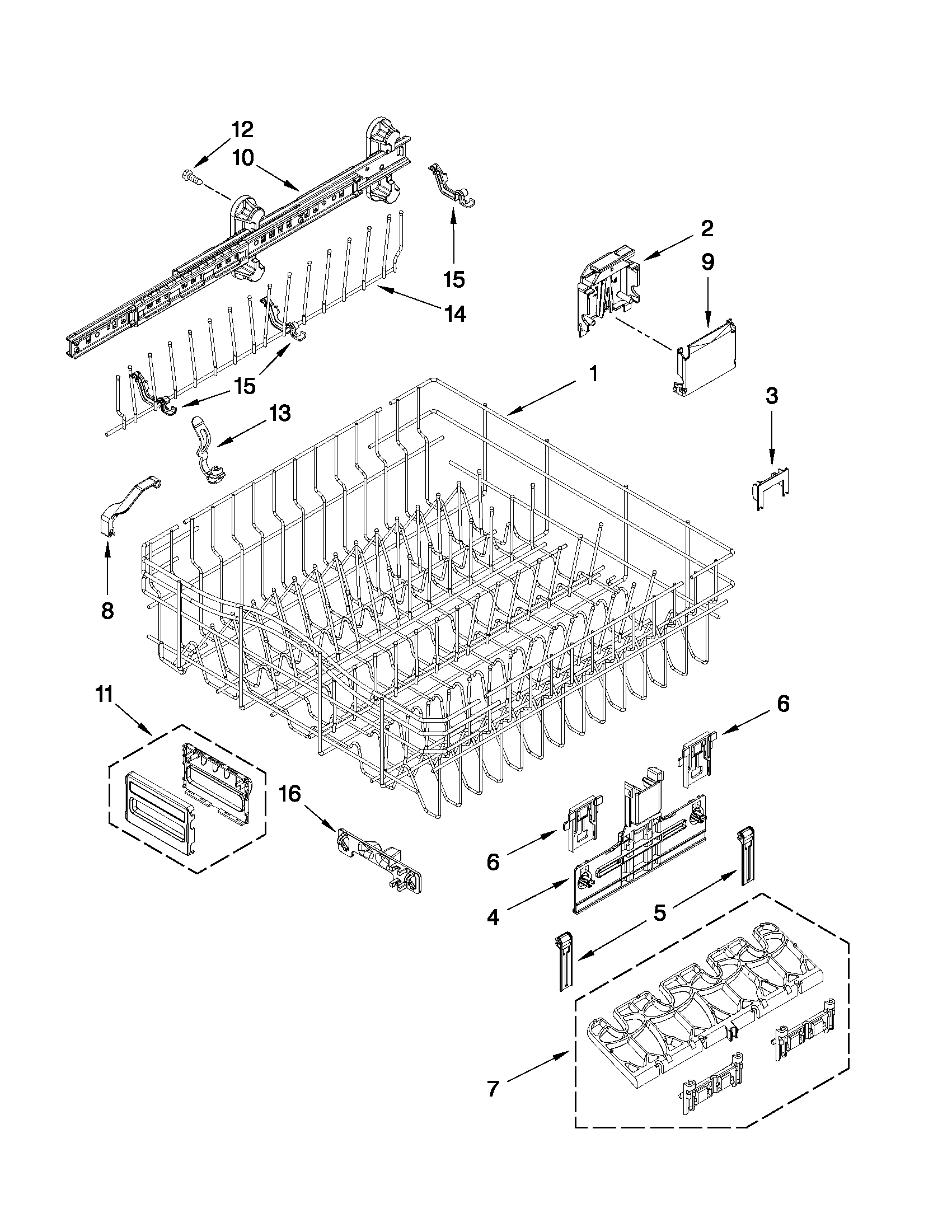 KitchenAid KUDE60FXBL2 upper rack and track parts diagram