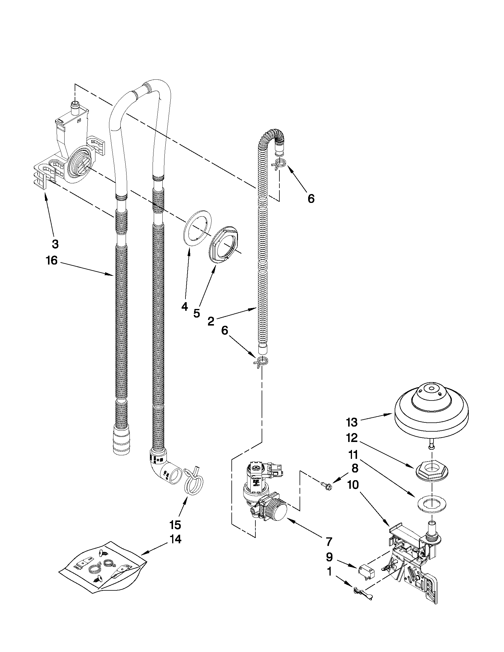 KitchenAid KUDL15FXWH2 fill, drain and overfill parts diagram