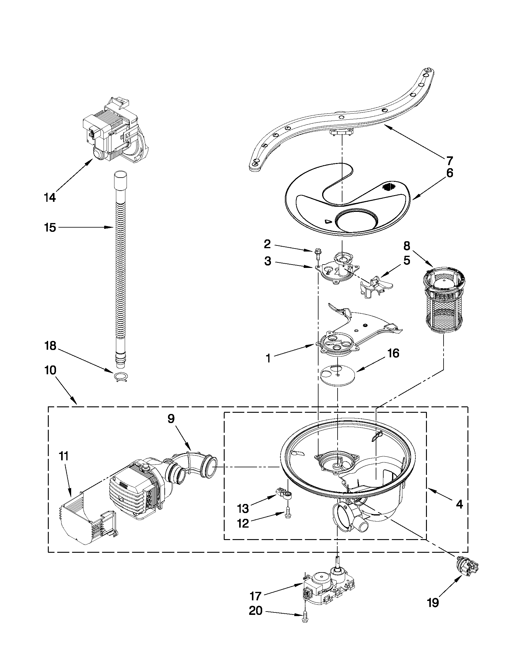 KitchenAid KUDL15FXWH2 pump, washarm and motor parts diagram