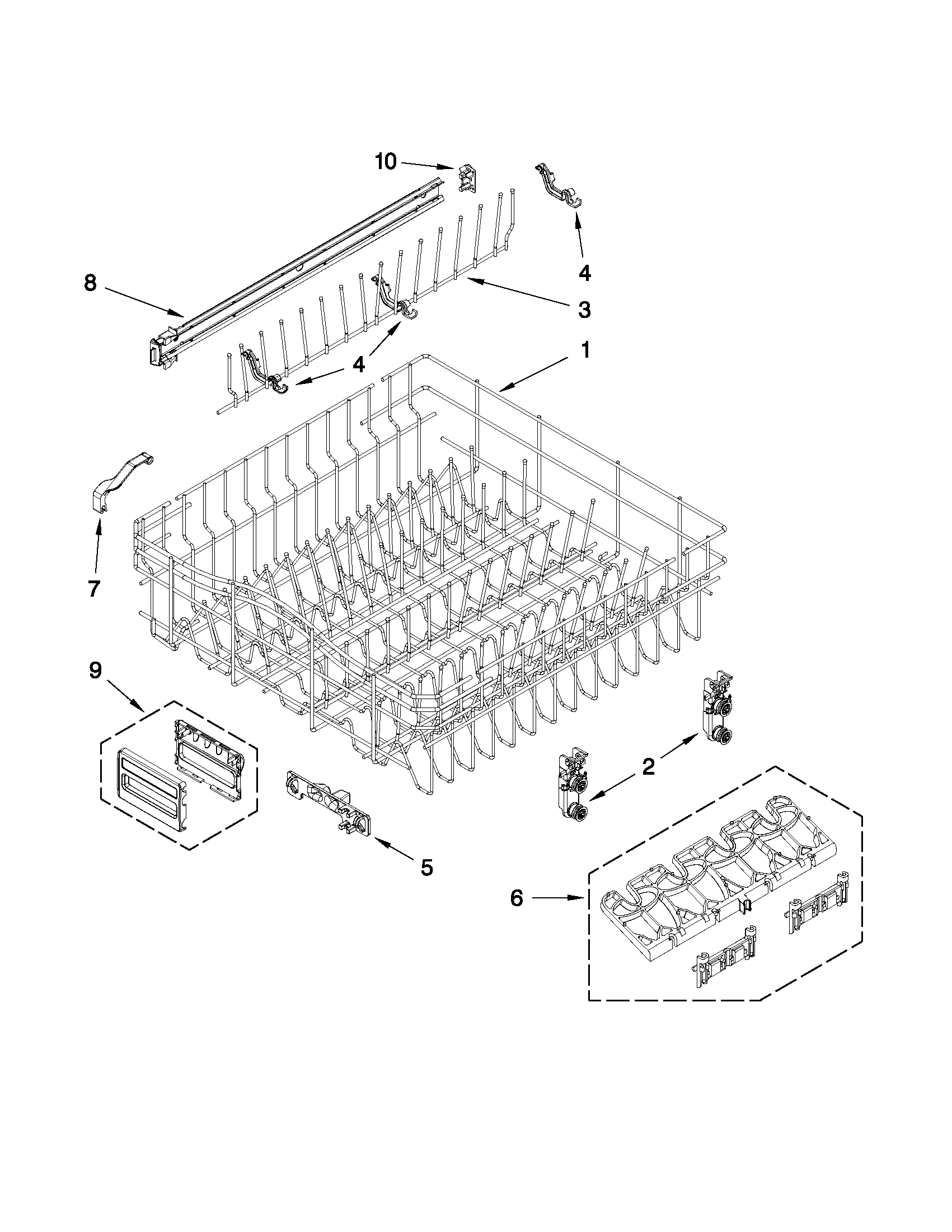 KitchenAid KUDL15FXWH2 upper rack and track parts diagram