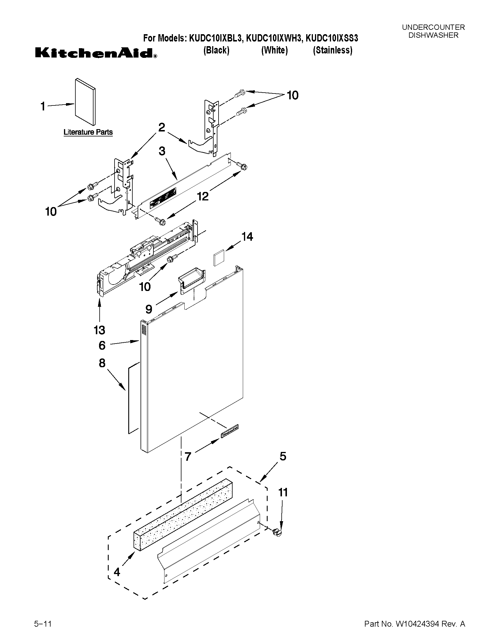 KitchenAid KUDC10IXWH3 door and panel parts diagram