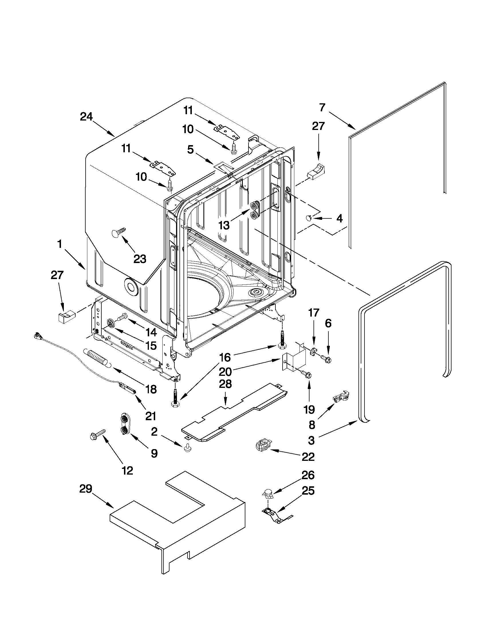 KitchenAid KUDC10IXWH3 tub and frame parts diagram