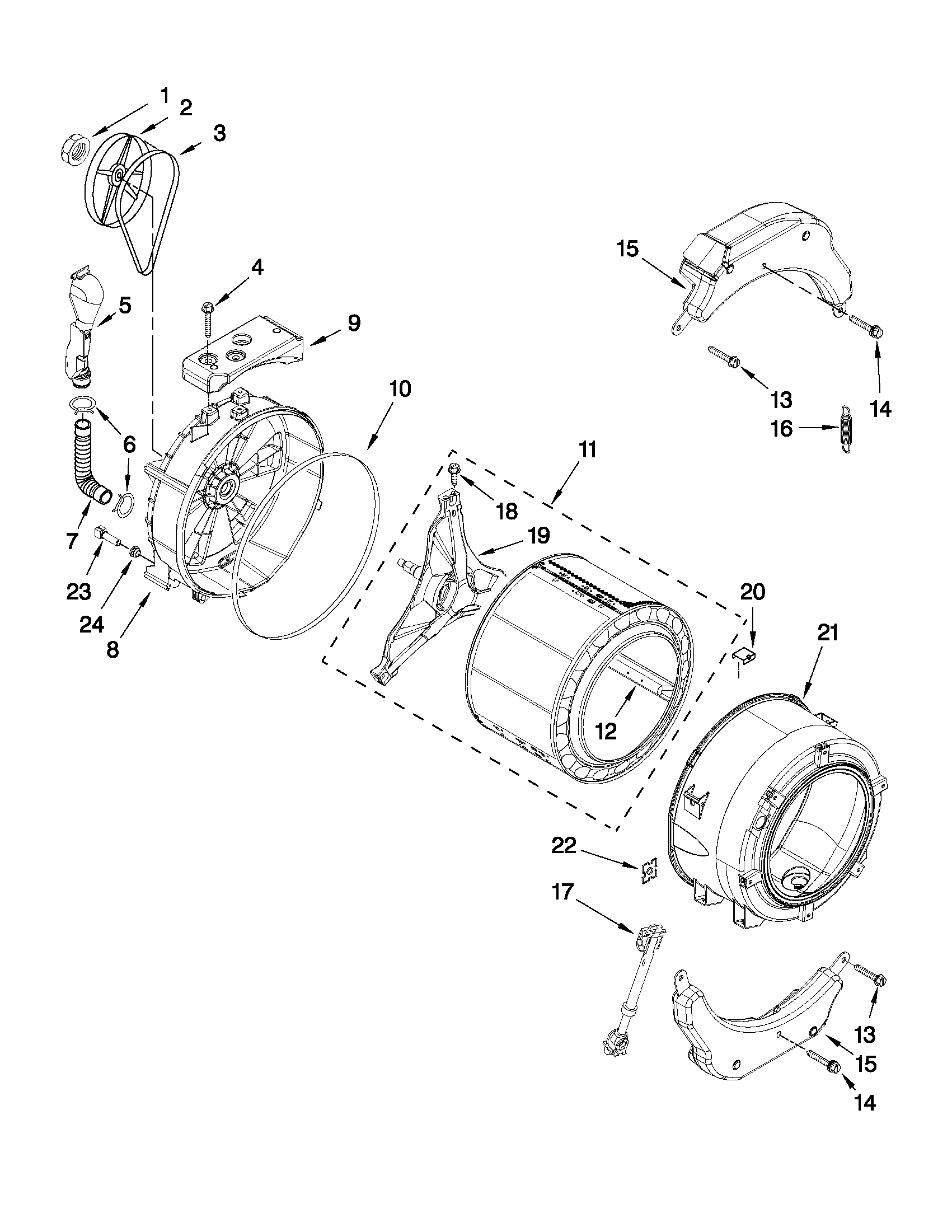 Maytag MHWE251YG00 tub and basket parts diagram