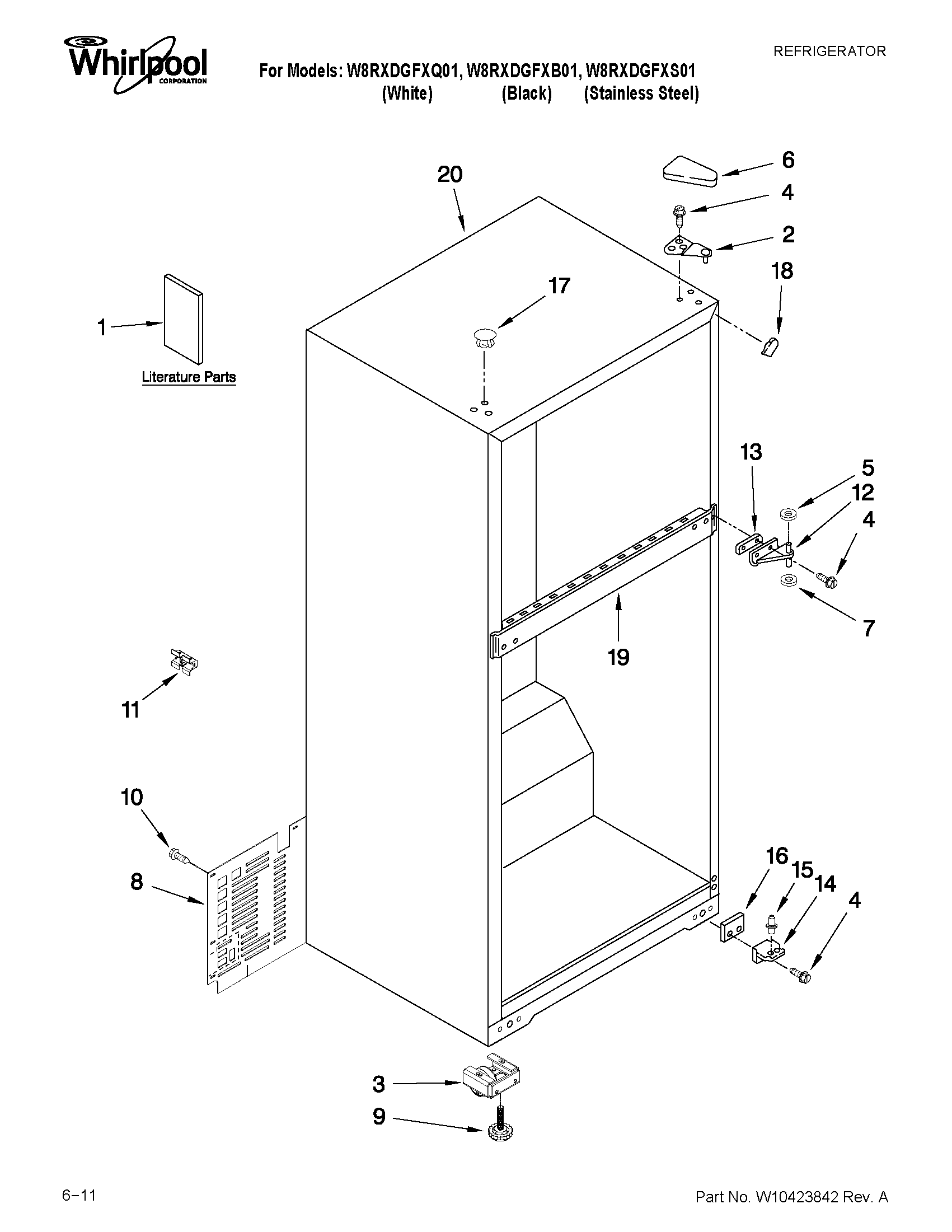 Whirlpool W8RXDGFXB01 cabinet parts diagram