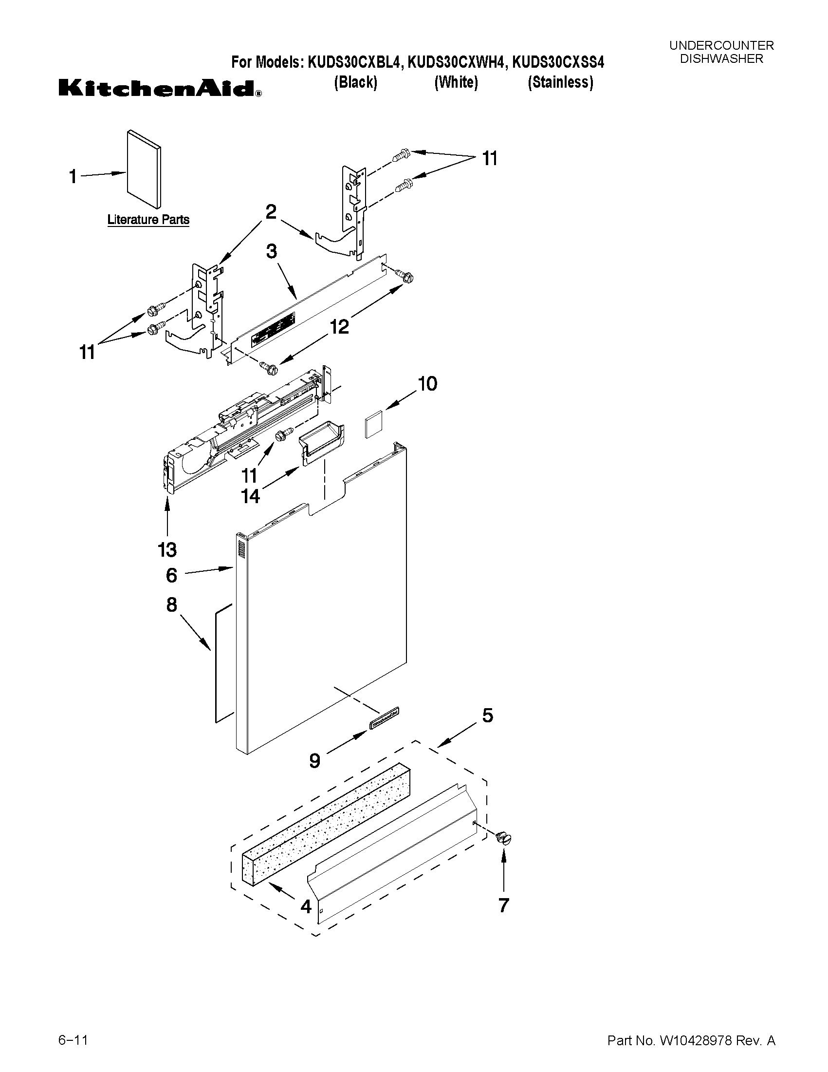 KitchenAid KUDS30CXSS4 door and panel parts diagram