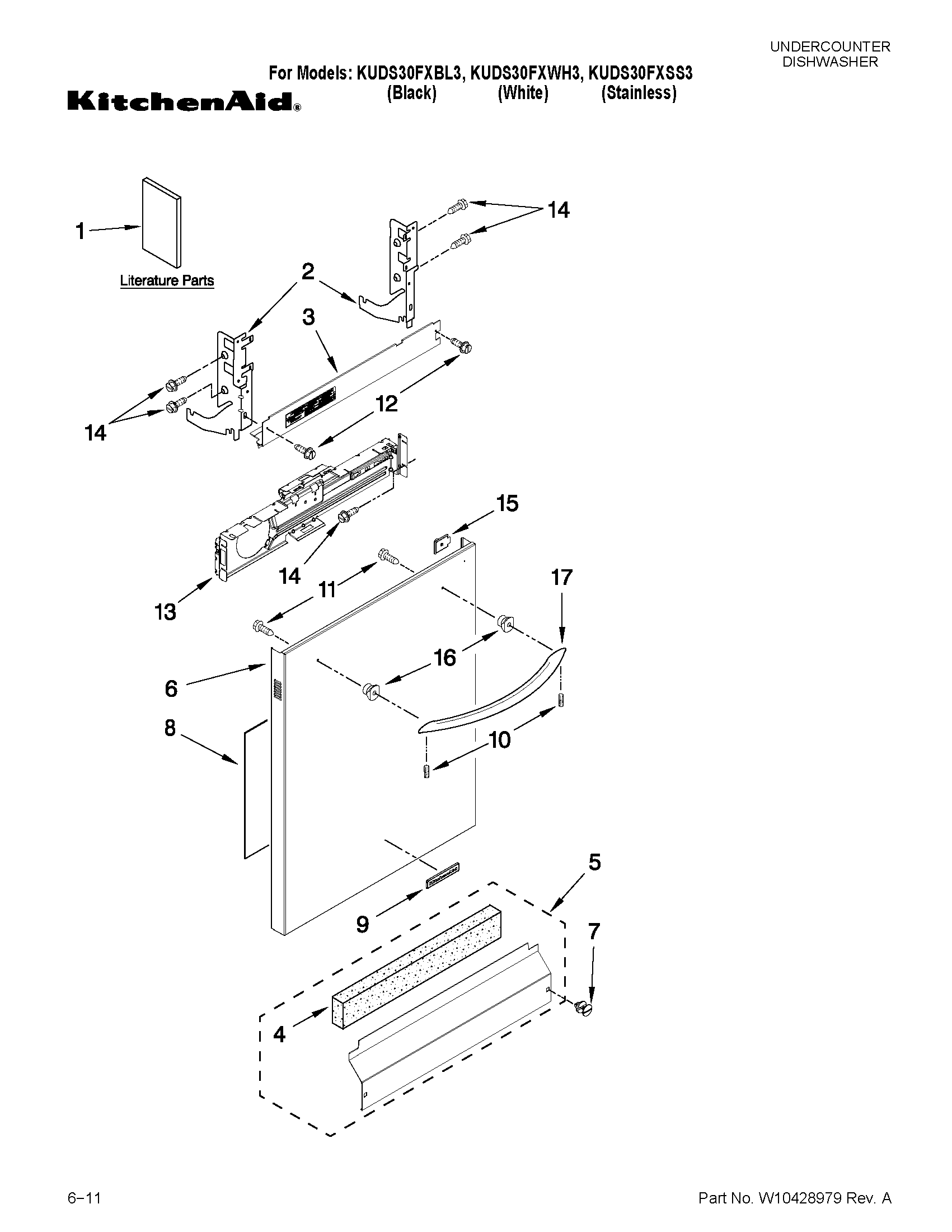 KitchenAid KUDS30FXBL3 door and panel parts diagram