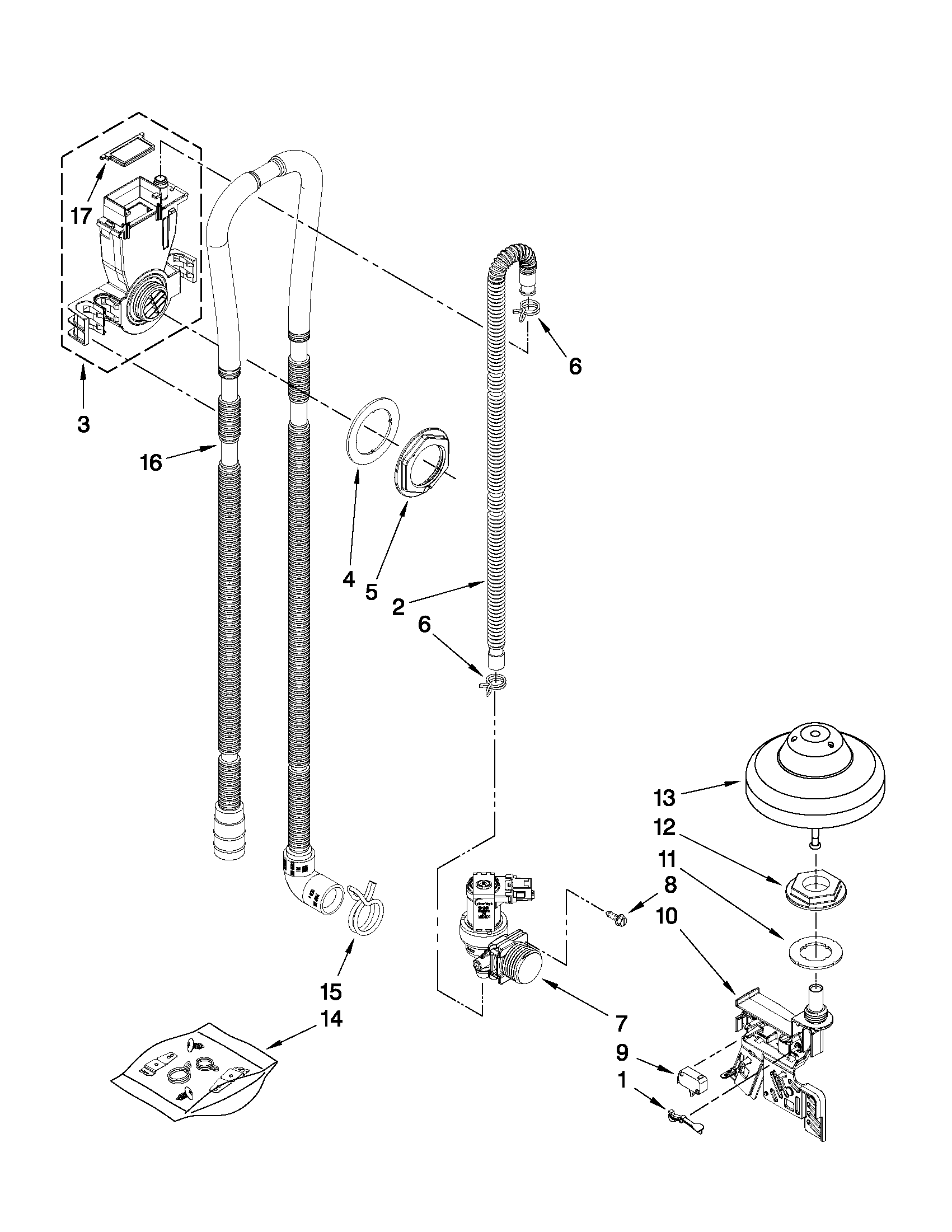 KitchenAid KUDS30FXBL3 fill, drain and overfill parts diagram