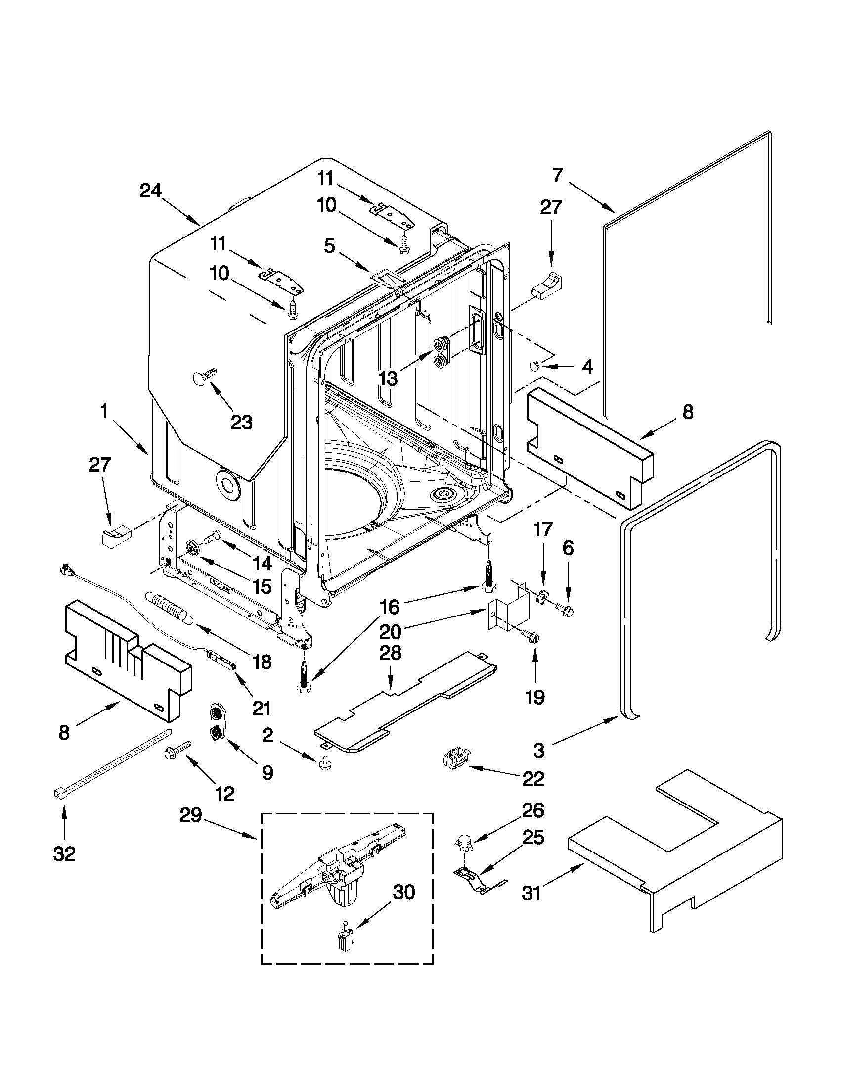 KitchenAid KUDS35FXSS3 tub and frame parts diagram