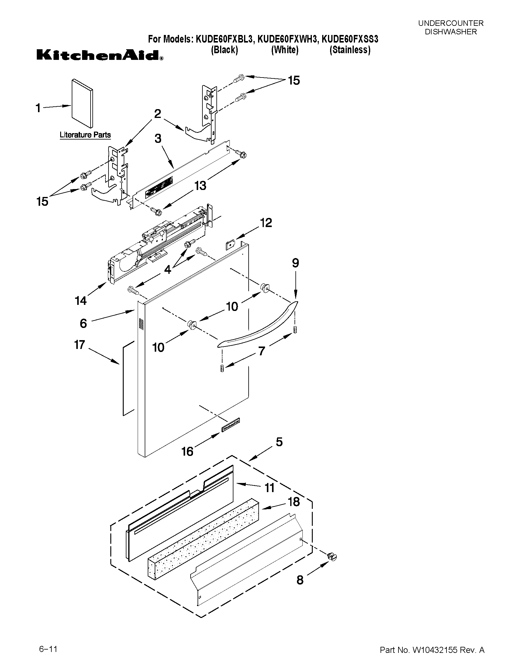 KitchenAid KUDE60FXBL3 door and panel parts diagram