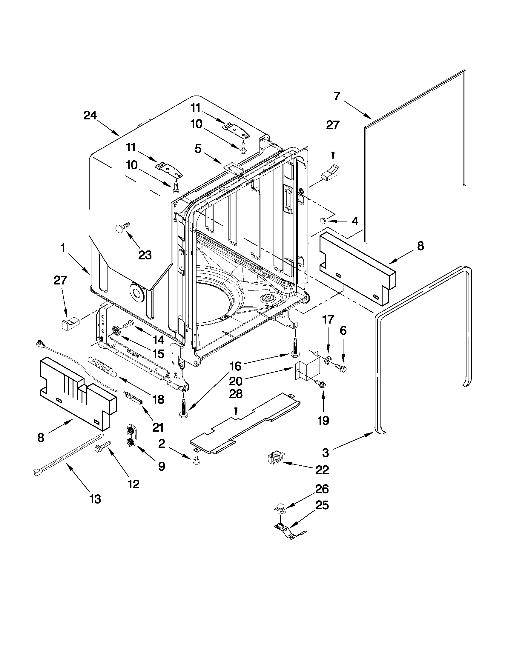 KitchenAid KUDE60FXBL3 tub and frame parts diagram