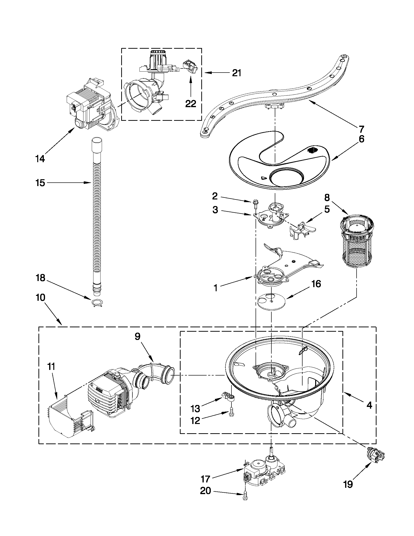 KitchenAid KUDE60FXBL3 pump, washarm and motor parts diagram