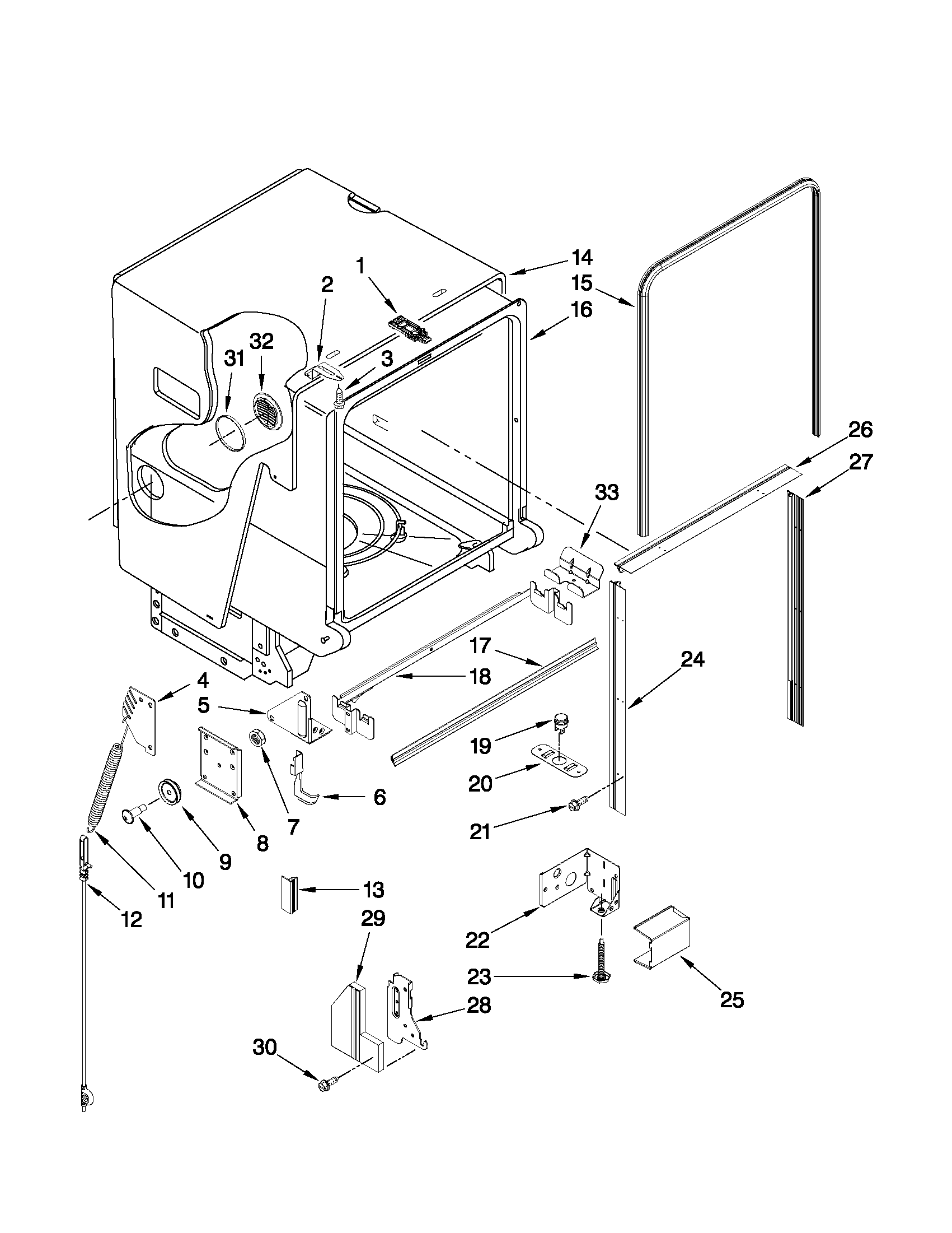 Jenn-Air JDB1275AWF0 tub and frame parts diagram