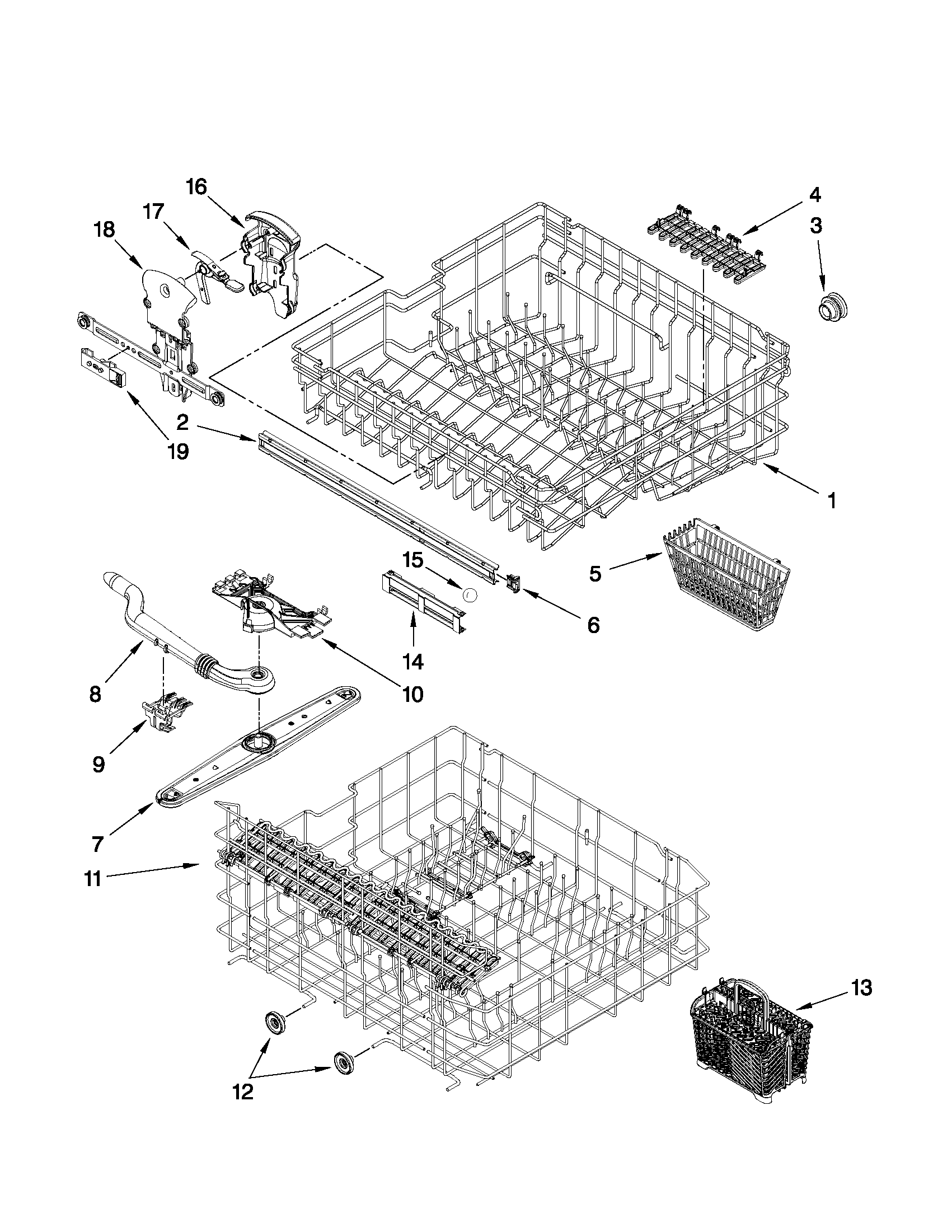 Jenn-Air JDB1275AWF0 upper and lower rack parts diagram