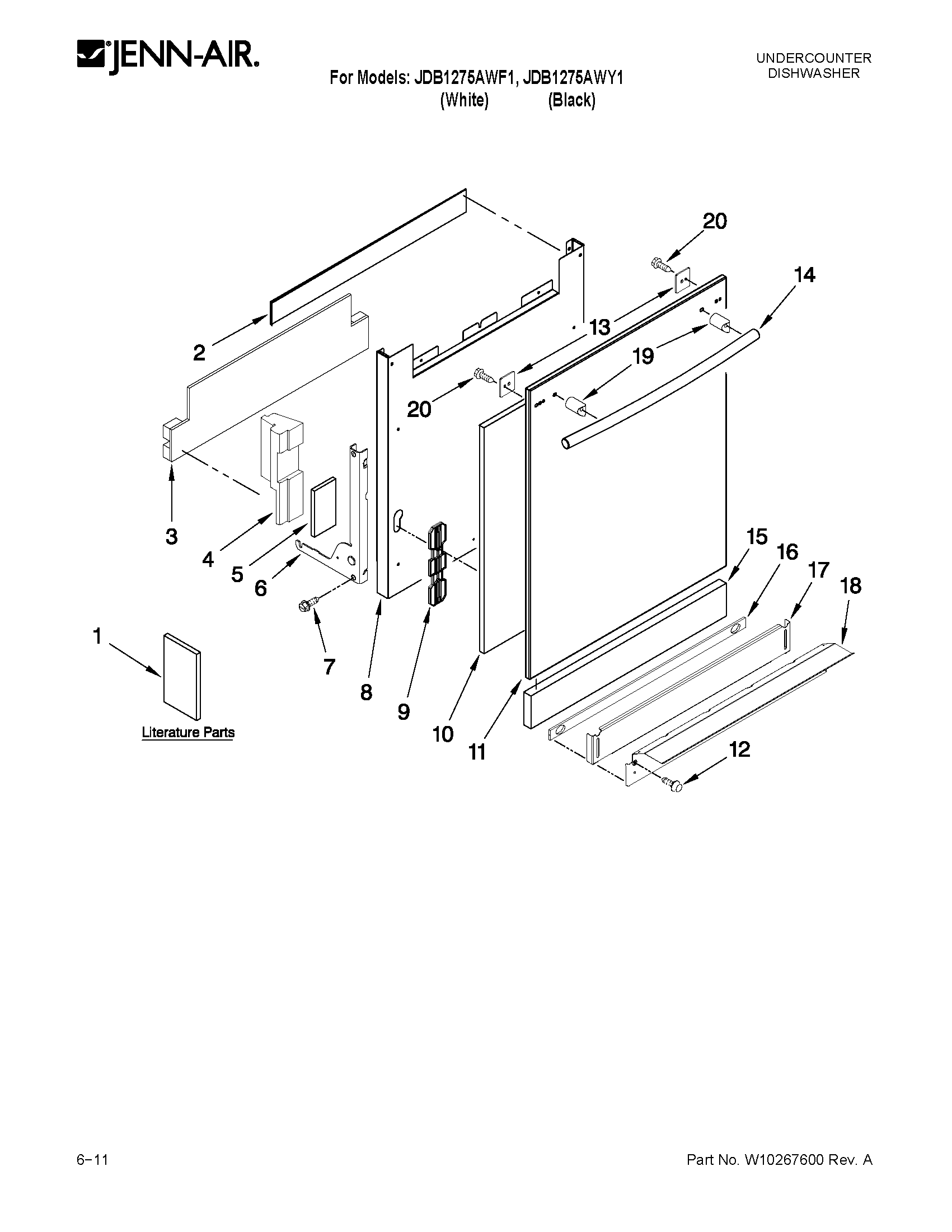 Jenn-Air JDB1275AWY1 door and panel parts diagram