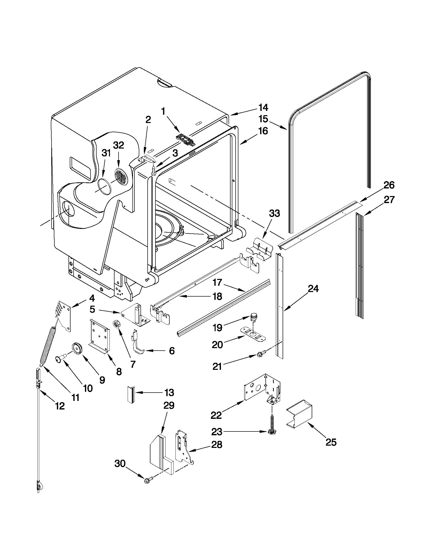 Jenn-Air JDB1275AWY1 tub and frame parts diagram