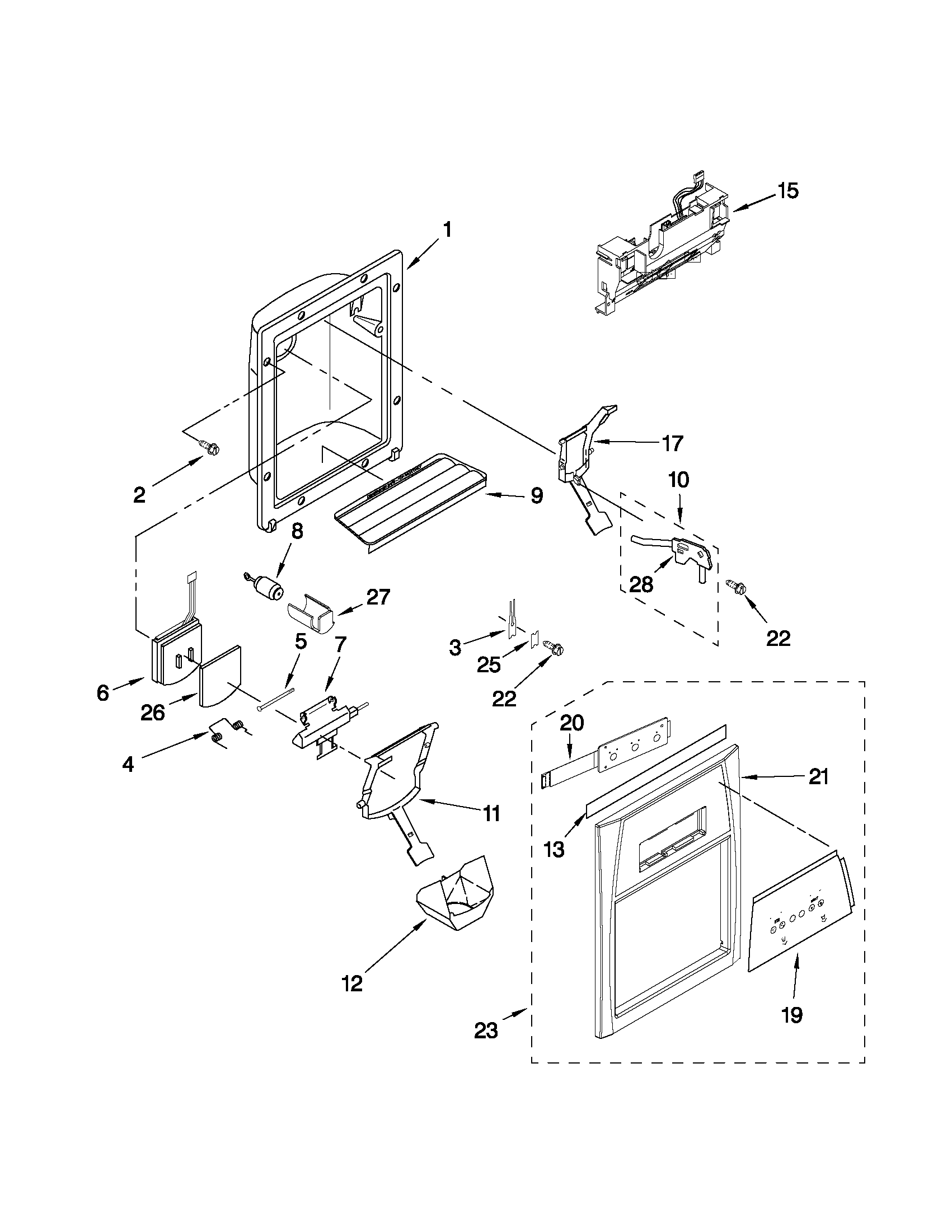 Whirlpool GD2SHAXNL00 dispenser front parts diagram