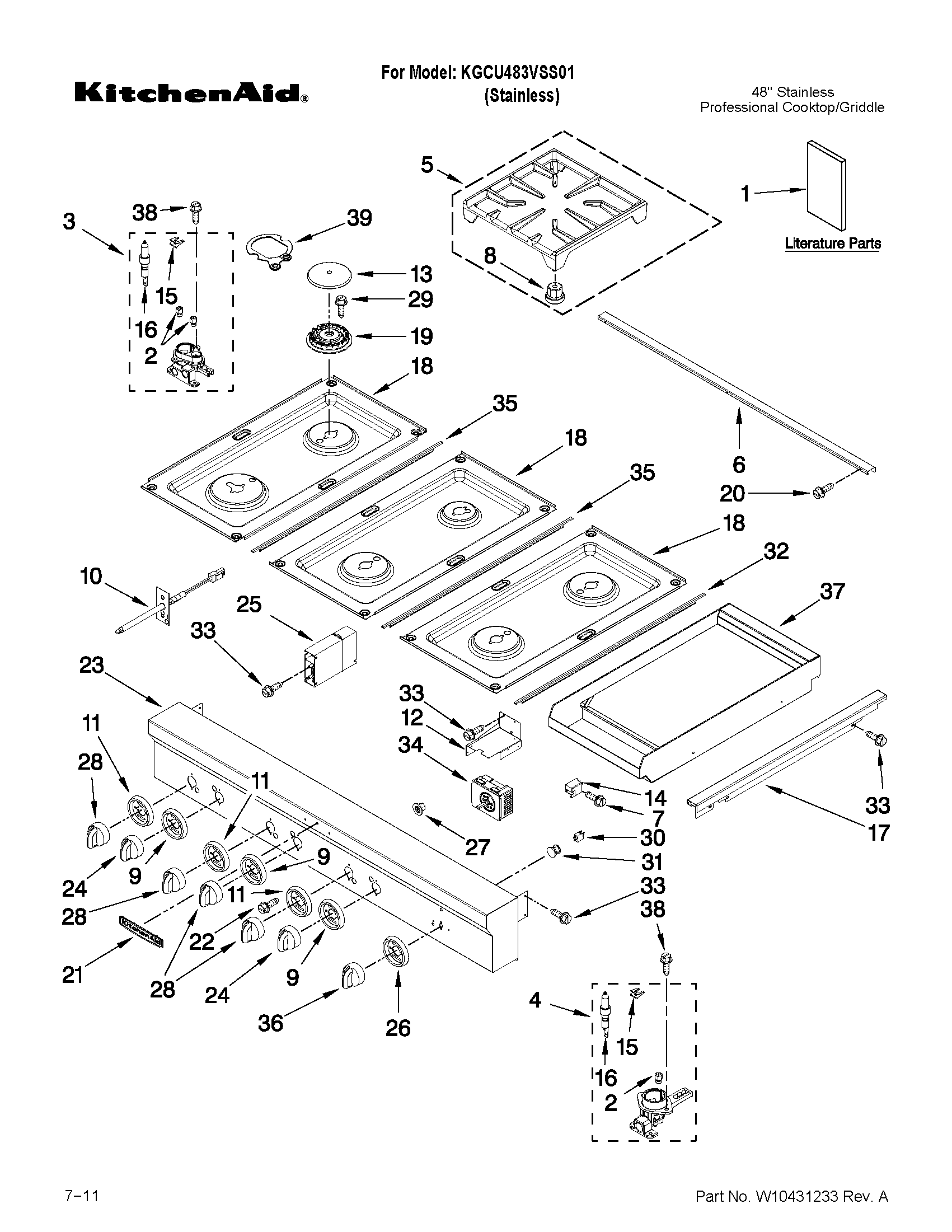 KitchenAid KGCU483VSS01 cooktop, burner and grate parts diagram