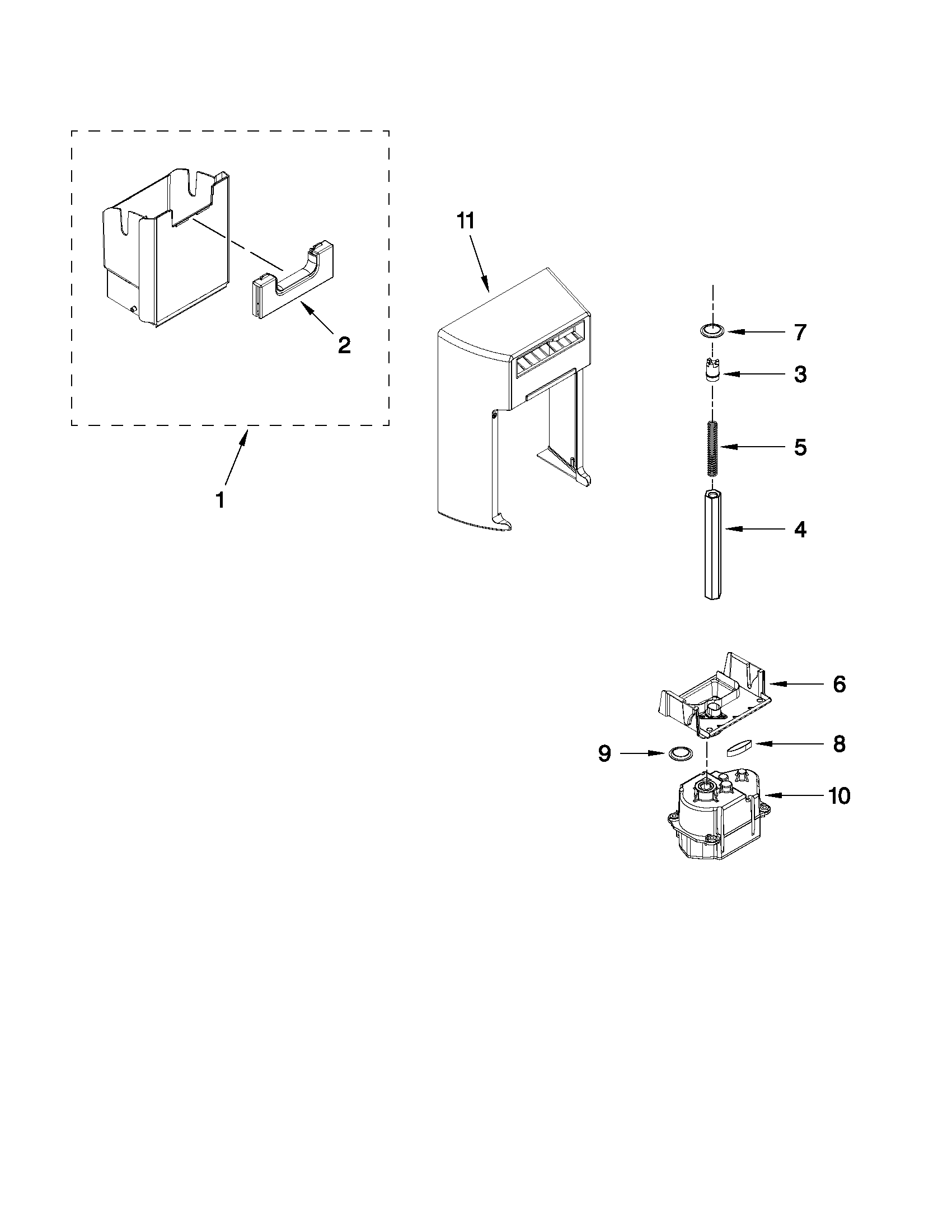 Whirlpool WSF26C2EXY02 motor and ice container parts diagram