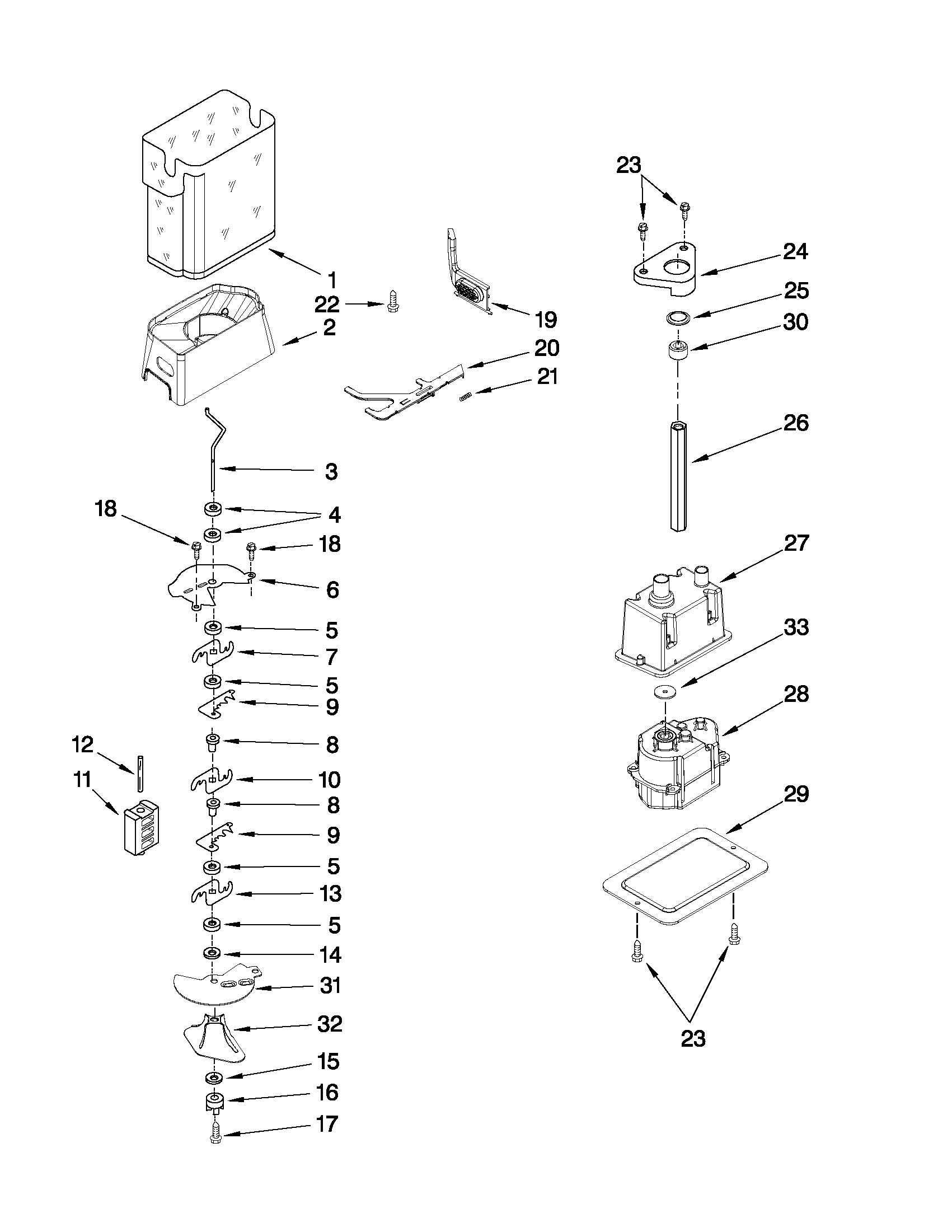 KitchenAid KSSS48QTW04 motor and ice container parts diagram