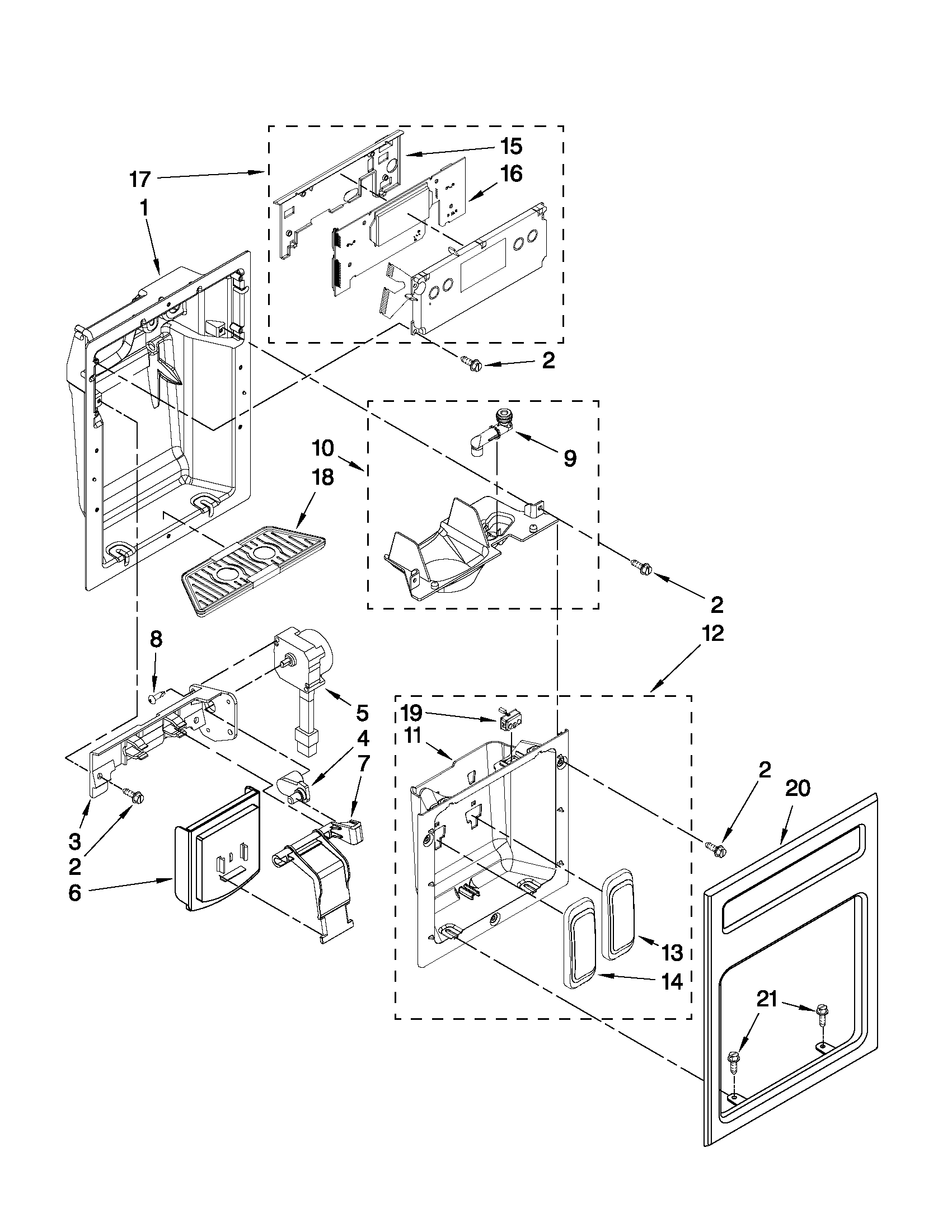 KitchenAid KSSS48QTW04 dispenser and front parts diagram