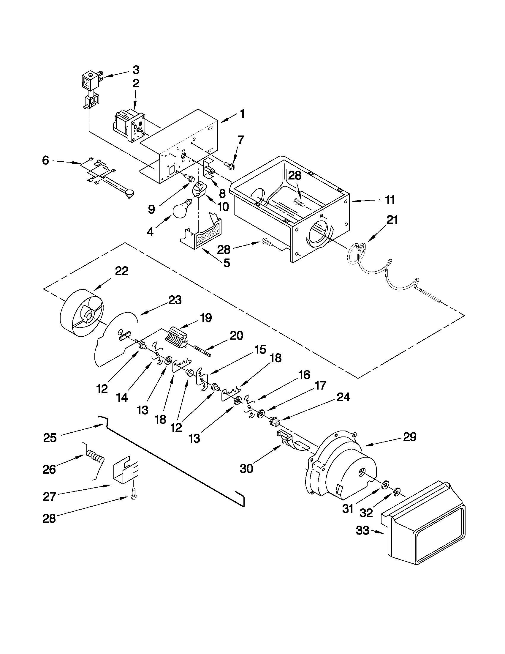 Whirlpool ED5FVGXWS07 motor and ice container parts diagram
