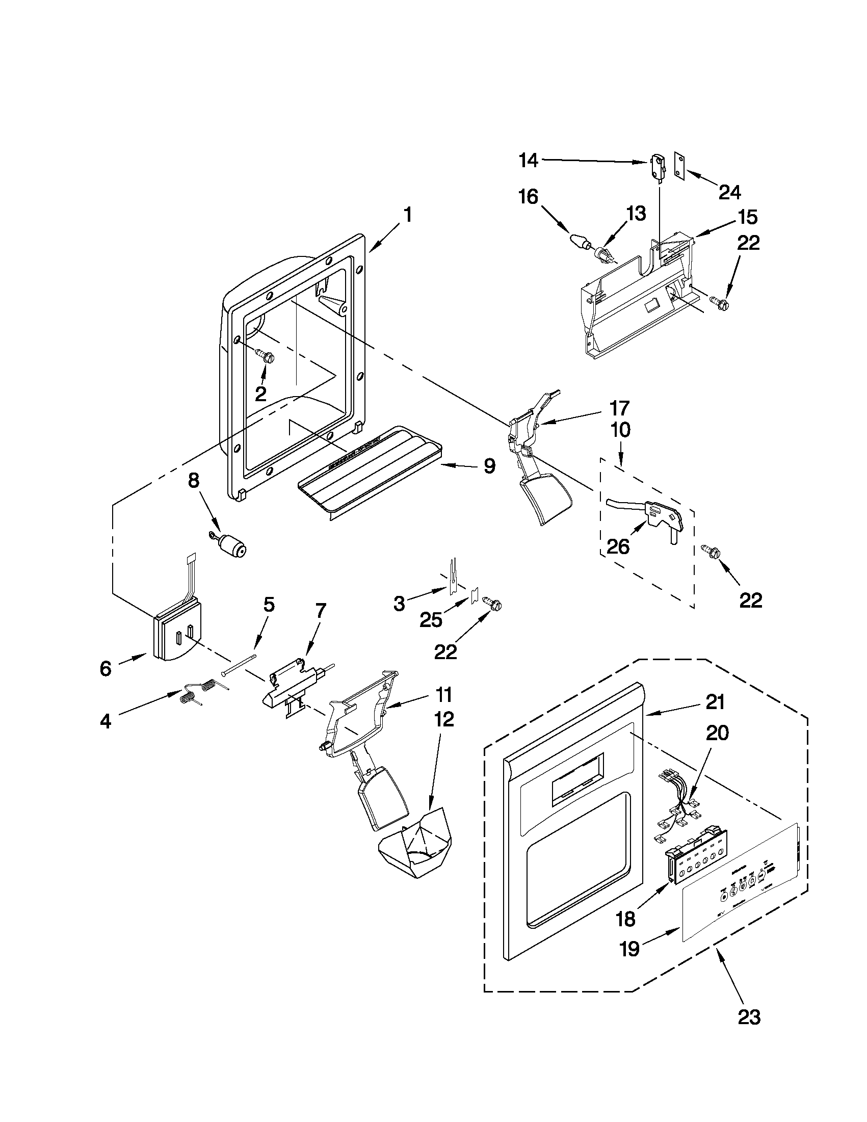 Whirlpool ED2SHEXXB00 dispenser front parts diagram