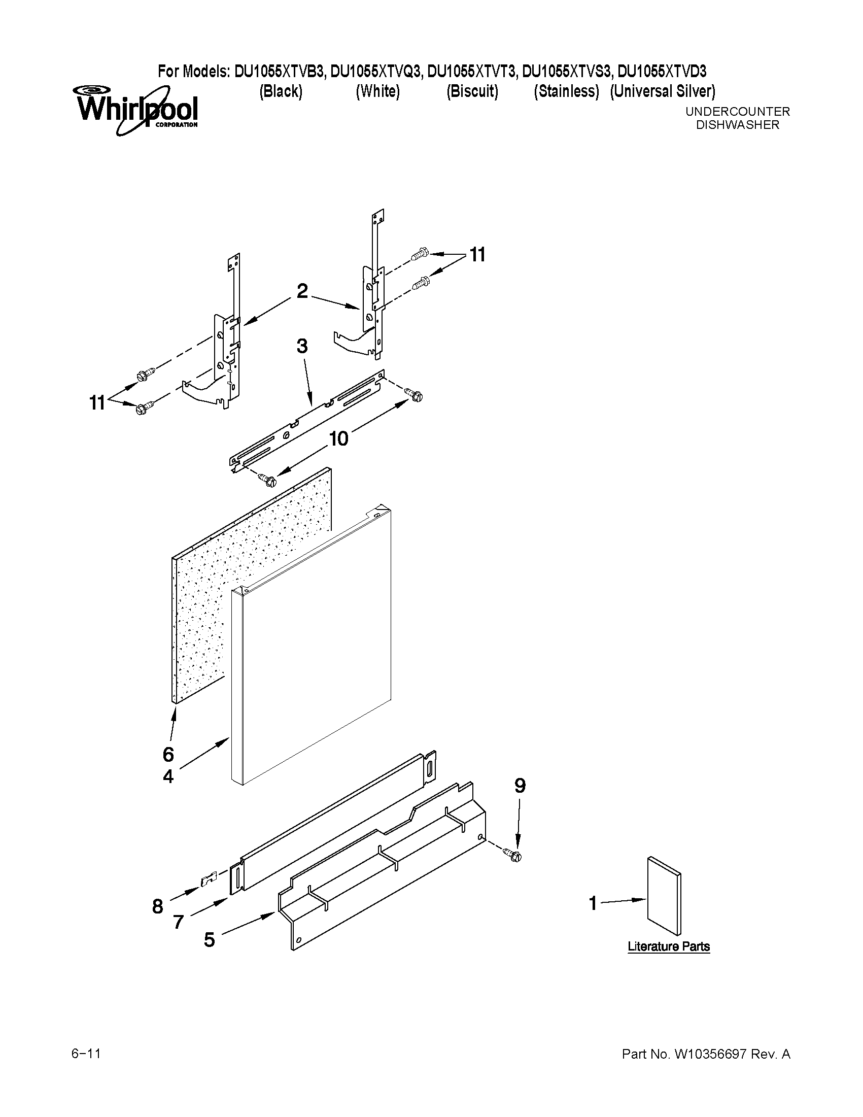 Whirlpool DU1055XTVD3 door and panel parts diagram