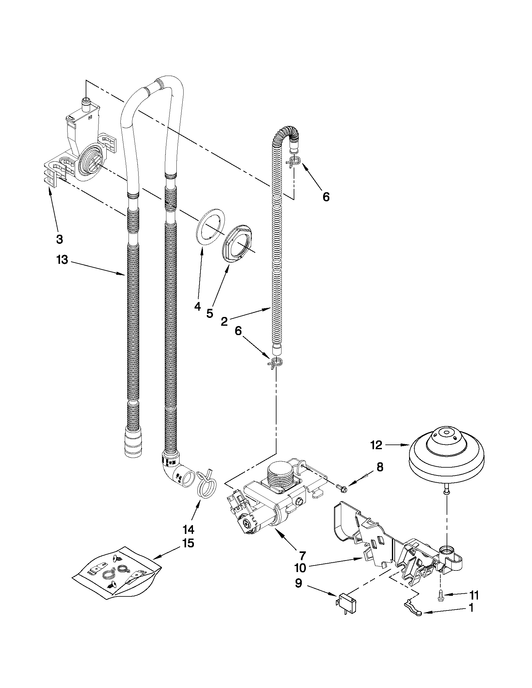 Whirlpool DU1055XTVD3 fill, drain and overfill parts diagram