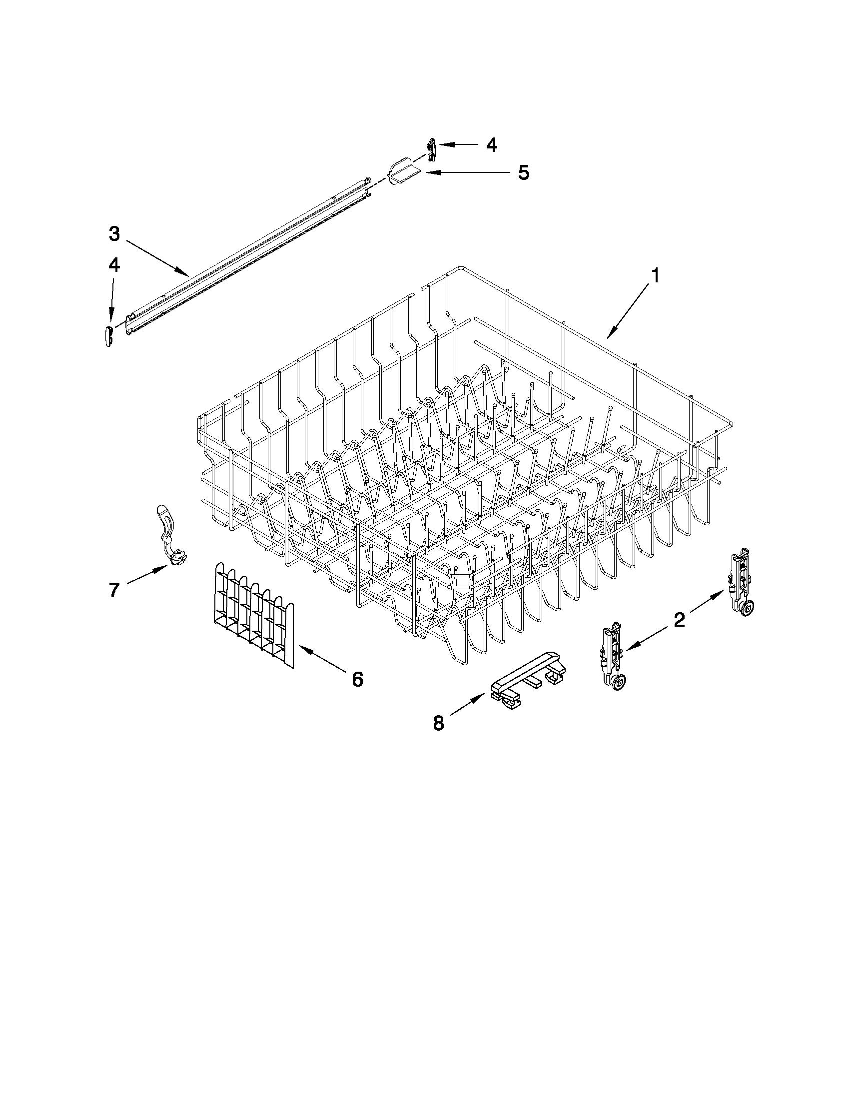 Whirlpool 7WDF530PAYM0 upper rack and track parts diagram